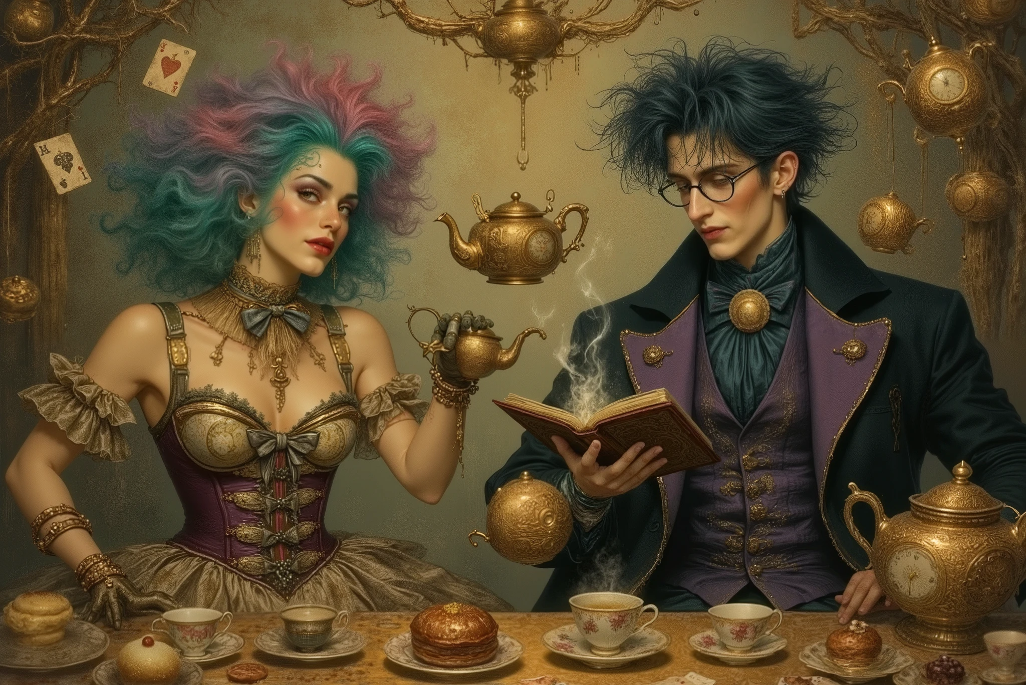 A whimsical tea party scene inspired by Alice in Wonderland, under a long surreal table covered with mismatched teacups, floating teapots pouring mid-air, melting clocks, giant pastries, playing cards fluttering around, and curling smoke trails. Female character: inspired by Maddie, daughter of the Mad Hatter, with voluminous curls dyed in turquoise, pink and lavender, wearing an eccentric corset with clock and teapot patterns, asymmetrical skirt with layered ruffles, striped tights, mismatched gloves, oversized bow on her waist, playful and lively expression as she pours tea dramatically. Male character: a mysterious mix between a librarian, the Mad Hatter, and the Caterpillar, with messy dark-blue hair, round reading glasses, deep violet and navy waistcoat with gold embroidery, eccentric scarf, and long coat with asymmetrical cuts, holding an ancient magical book emitting glowing smoke, echoing the Caterpillar’s pipe. Both characters are seated together, interacting as if mid-conversation, surrounded by an explosion of Wonderland’s surreal colors and gothic whimsy. Warm and cool lighting blend magically, casting playful shadows and reflections. Highly detailed, semi-realistic illustration, intricate fabrics, realistic textures, cinematic composition, high resolution, masterpiece.