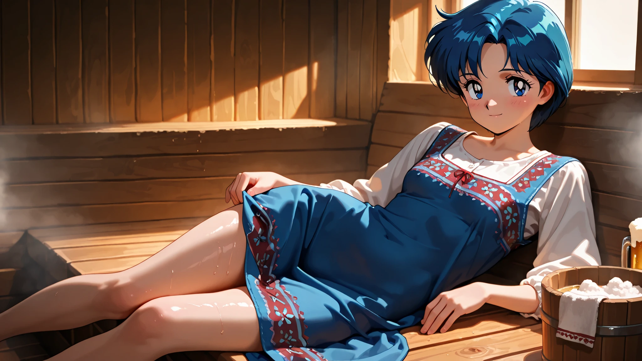 masterpiece, amazing quality, best quality, ultra-detailed, 8K, illustration, clear skin, ultra-detailed-eyes, soft skin, very awa, very as2, soft body, 1990s \(style\), official art, ami mizuno, blue eyes, blue hair, short hair, parted bangs, small breasts, sarafan with shirt, blue dress, day, looking at viewer, sauna, russian sauna, beer, sauna inventory, folk dress, embroidery, siiting Galvanized Iron Buckets, resting, light smile