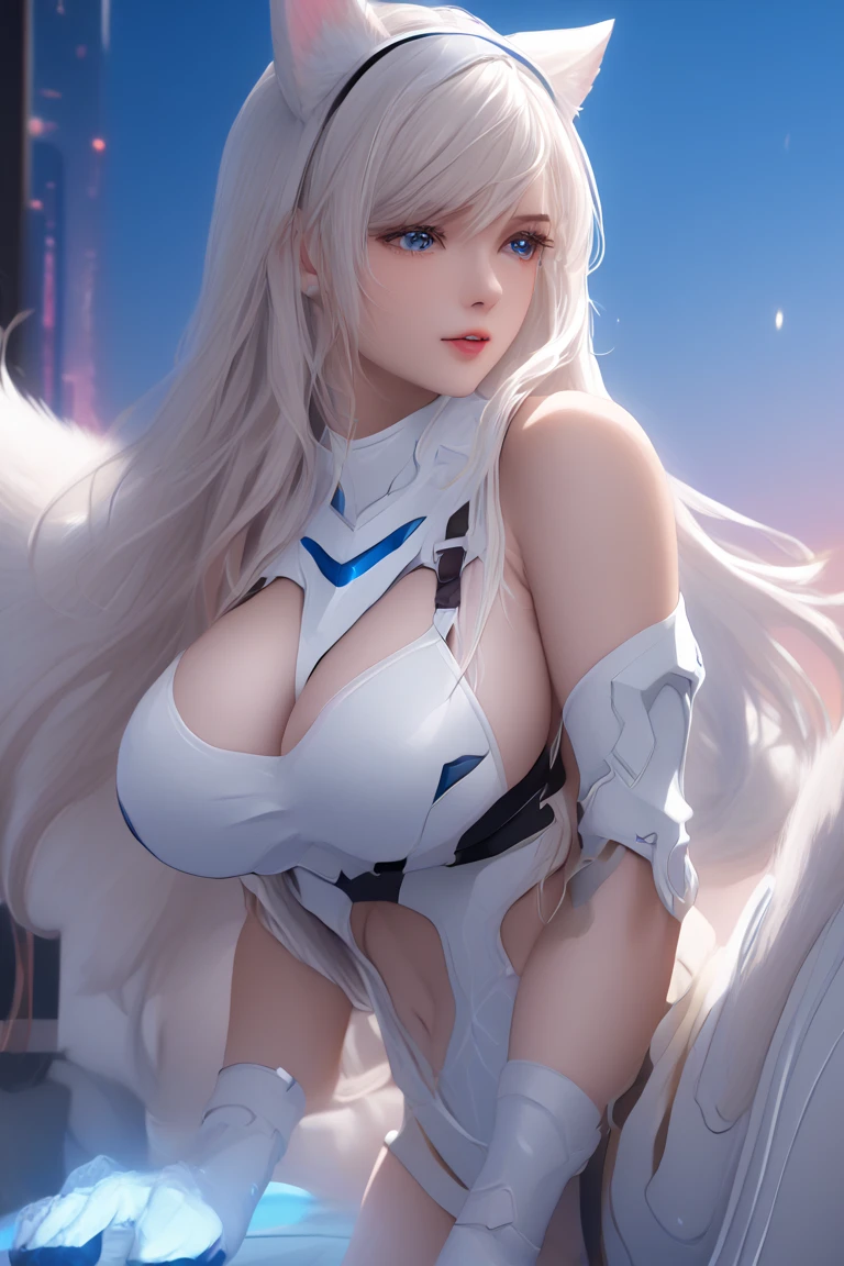2 girls, neon white hair, moonlight eyes, fox ear, tattoo sleeves and piercings ((Anime style, accentuated super huge enormously gigantic tits, cleavage showing, sexy seductive slutty pose)), Harajuku-inspired hip-hop clothing, soft colors, neon paint splattered background, Soft stroke