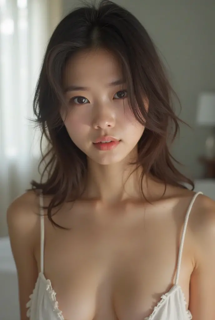 Beautiful Japanese naked girl with big , Public hair trimmed, Medium Hair, Brown eyes, Neat, Adult woman's room with white furniture, Selfie