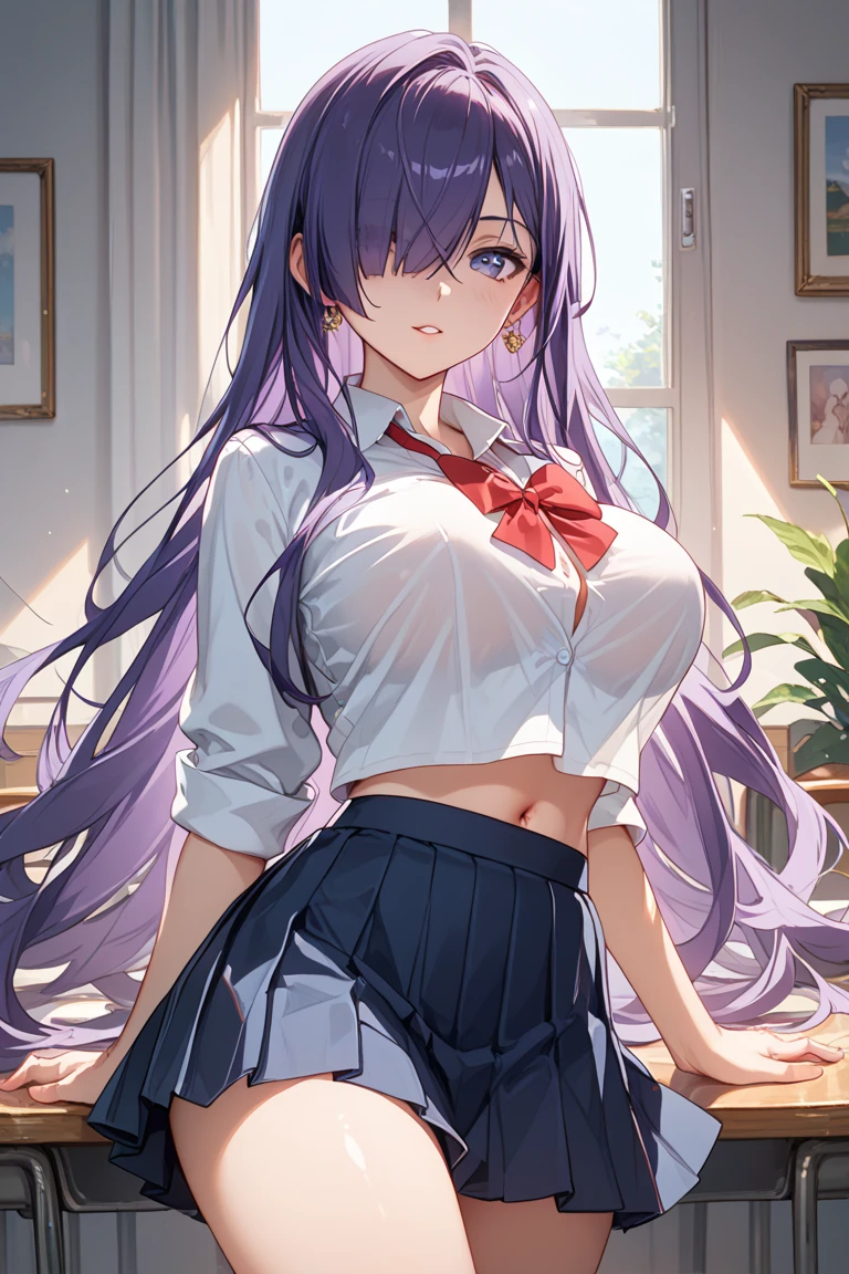1girl, purple hair with jeans, with torn clothes, ((masterpiece, best quality, high resolution, best resolution, maximum quality, Hires,64k,UHD)) <lora:shixiang:1>