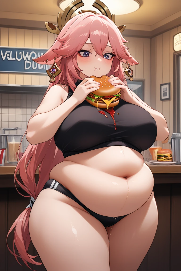 very fat, large stomach, chubby (best quality, masterpiece), thanksgiving, wearing sweater, grabbing belly, sitting down, table with of food, table tons of food, lots of food, holding belly, table with food, sitting, wearing sweater, Yea Miko, light pink hair