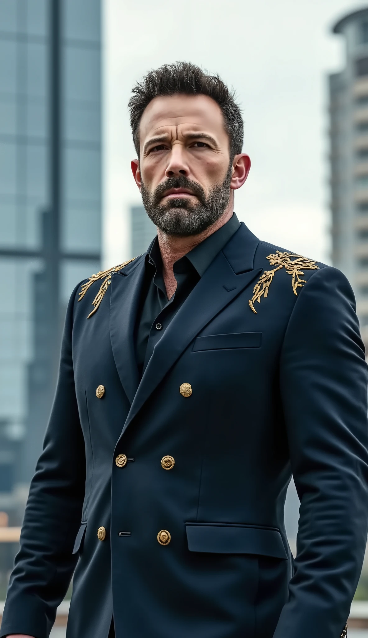 Ben AFFLECK in dark blue suit with tribal details on the gold tone, fundo futuristic city background with tall glass buildings, realistic cosplay photography style, ultra detailed.