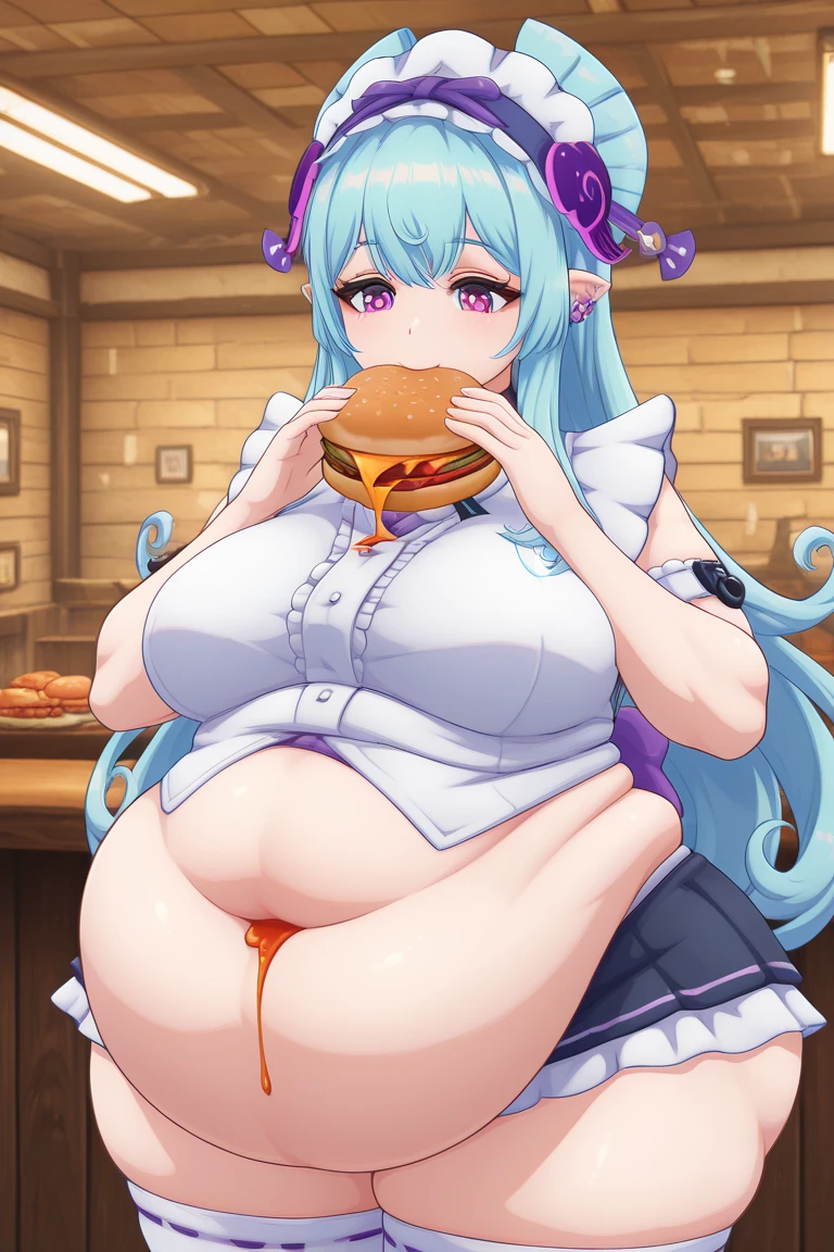 big belly, sitting, pregnant, fat, large stomach, fatty, fat, large belly, standing, fat belly, very fat, large stomach, chubby,very fat, safe for work, obese, giant belly, fat, huge, heavy, very fat, safe for work, fat, large belly, big belly, very fat, large stomach, chubby (best quality, masterpiece), Fu xuan honkai star rail, Christmas, wearing sweater, table with food, fat,