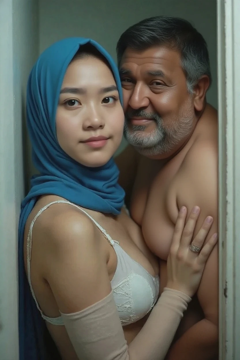 (masterpiece, best quality:1.2), portrait shot, 1 young teenage pregnant naked malay girl in hijab and 1 naked old malay man, kissing and hugging, hand on hip, eyewear on head, light blue background, studio background, family photography,