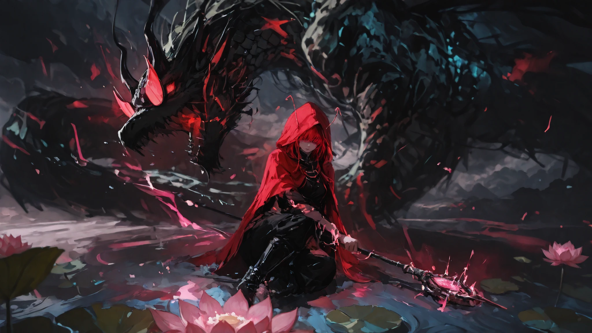 A fantastic scene depicting an anime character in a dynamic pose, , decorated with a bright red hooded cloak and thin black horns, sticking out of the hood. The character's young face is partially hidden by the shadow of the, , radiating mysterious air. Black pants and high boots, combining practicality with. in their hand , , The character holds a mystical staff in his hands, , topped with a delicate pale pink flower and bright green leaves, , reminiscent of the magic of nature. Around them are swirling pink energy antennae, , enhancing the magical atmosphere of the scene.
In the background, are a formidable dragon, her scales, shades of blue shining in its scales and the silvery, , hood, creating the feeling of a lurking danger to the environment. The earth under her is decorated with lotus leaves and flowers, , a combination of beauty with the raw power of nature. Atmospheric lighting improves mood, against the background of dark clouds, reminiscent of the impending storm, , causing tension and drama.