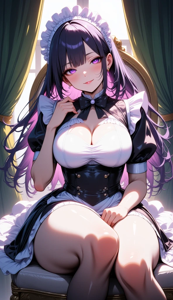 Wolf Woman, Big Breasts, Voluminous purple hair, One girl, masterpiece , Red eyes、Double teeth、tooth、Blushed cheeks、 hd, Head to Chest, buried in my chest、Underbust、Cleavage、Maid clotheaid Brim、Big Tits、Crossed bangs、Put in your chest 、Long ribbon tie that clings to the chest