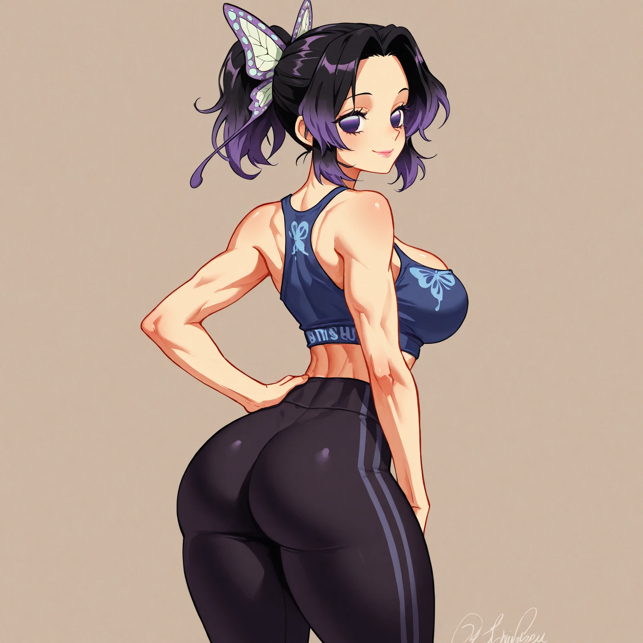 masterpiece, ultra-HD, impressionism, high detail, best quality, very aesthetic, 8K, best quality, beautiful, ultra-high resolution, 32K UHD, 1girl, solo, patShinobu, shinobu kochou, black hair, butterfly hair ornament, butterfly print, forehead, gradient hair, hair ornament, multicolored hair, parted bangs, ponytail, purple hair, short hair, two-tone hair, purple eyes, eyelashes, pink lips, big breasts, narrow waist, wide hips, thick thighs, shapely legs, toned, slim, blue crop top, cleavage, black leggings, blushed, smile, cute, hand on hips, standing, looking at the viewer, simple background, from behind view, ass focus