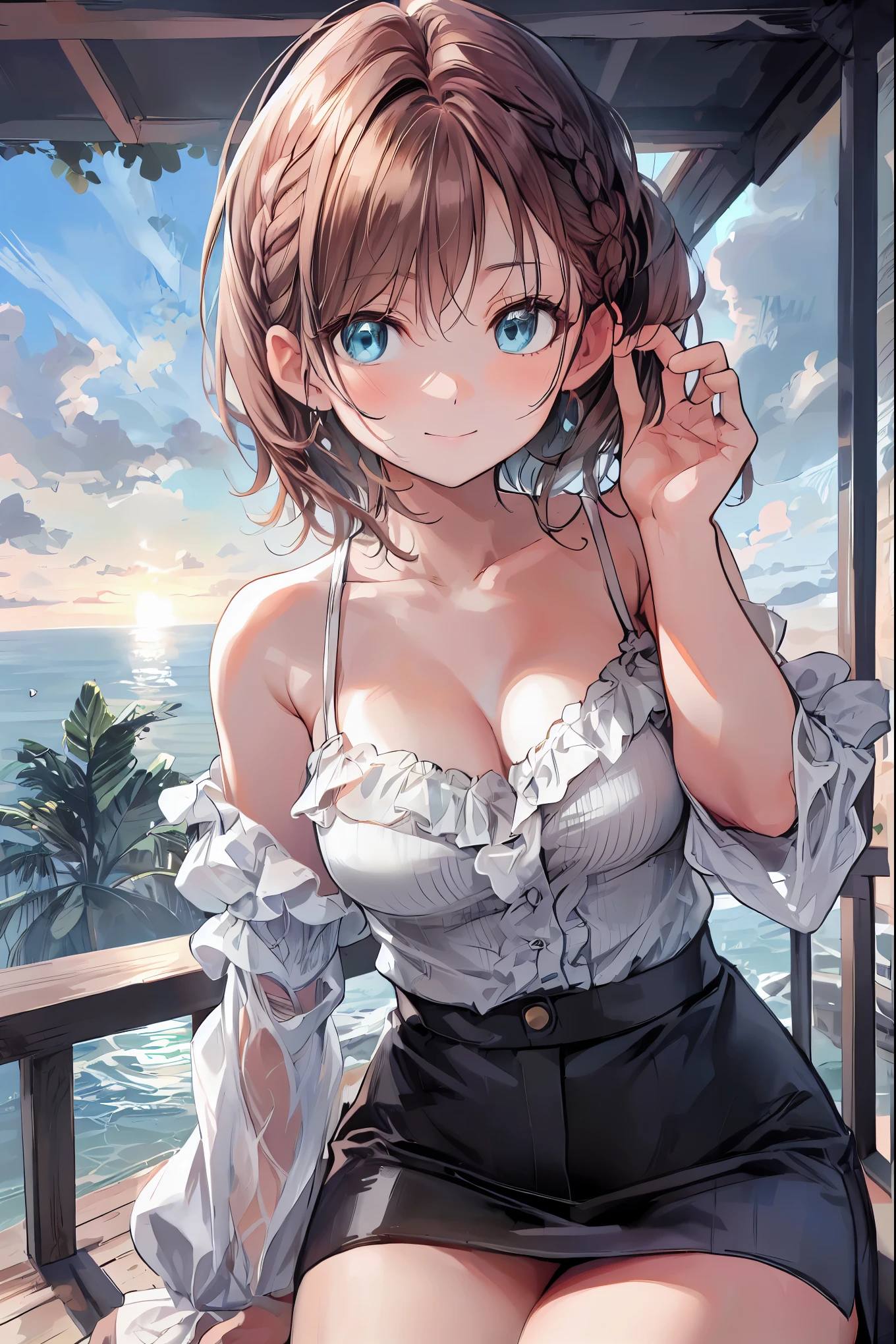 Misty rural sunrise 、Woman running up a steep hill、 distant and close views in a big, misty city at sunrise 、 smoke is coming out of old factory chimneys near the bay and harbor 、 movie light、 dramatic atmosphere 、8k、 high image quality 、 realistic 、 detailed display 、 achromatic 、 amount of lighting from above 、Hazy environment、 brown hair, Shortcut, My hair is messy, short braided hair wet over body ,neat, Slender Beauty,hole々positive attitude,small breasts, Her enchanting gray-blue eyes shine like stars, Black Camisole , beautiful eyes ,A delicate smile, The best品質、The best, A Gentle and Beautiful Woman , anime style 、