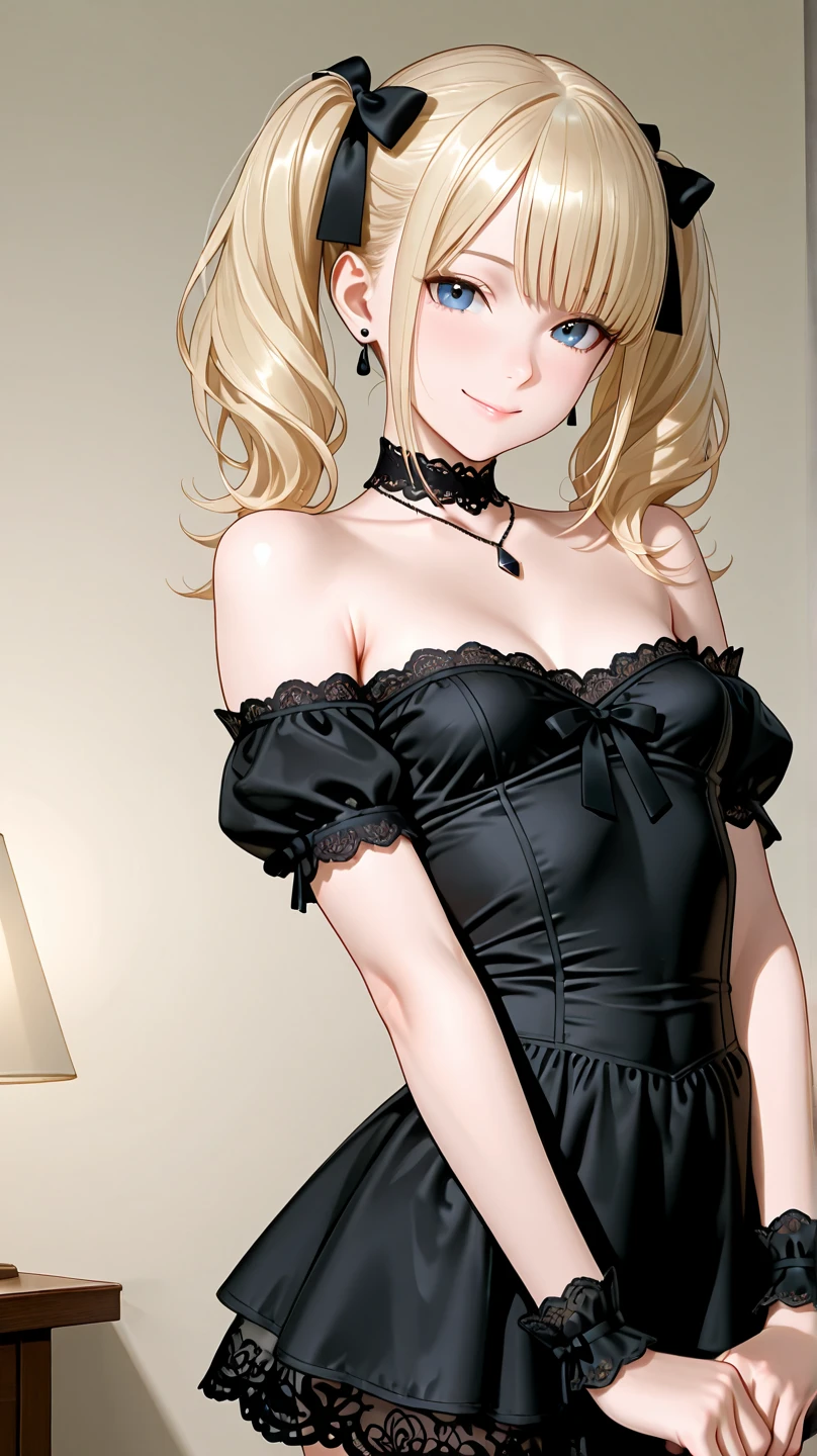 ultra realistic 8k cg, masterpiece, ((ultra detailed background, delicate pattern, intricate detail)), (highly detailed, fine details), best quality, 1girl, (photorealistic:1.4),beautiful lighting, absurdres, RAW photo, film grain, <lora:BeautifulDetailedEyes:0.4>, <lora:DetailTweaker:0.5>, 1girl, solo, ((bedroom background, night light, complex detailed background, from behind)), (blonde hair, bright hair), long hair, jewelry, two side up, brown eyes, necklace, choker, lipstick, cross, earrings, dress, makeup, thighhighs, bare shoulders, black dress, gothic, smile, detached sleeves, nail polish, garter straps, cross necklace, (small breasts), Misa, <lora:Misa10:1>