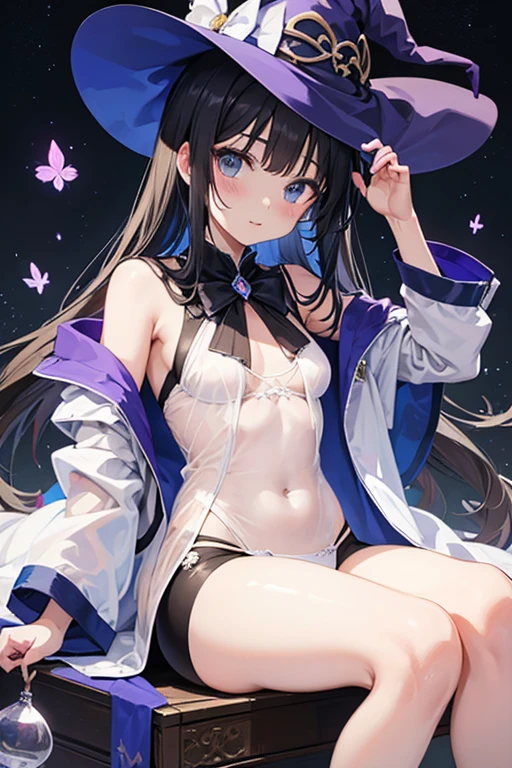 A girl stands in a hot spring with a view of the night view of Lake Suwa late at night、She has a short bob with a white lob of hair and wears a large black witch hat with sapphire jewelry.、A high school student wearing a navy blue bikini with a white ribbon on her chest.、She wears a large witch's hat with a small sapphire accessory、A few star creams、Beautiful starry sky、Beautiful night view、large witch's hat 、Navy blue bikini pants that dig into your stomach、Small breasts、A cup breasts、紺色のFull cup bikini topには白いフリルが付いています、Small breasts、Full cup bikini top、Slightly bulging breasts、Not big breasts、