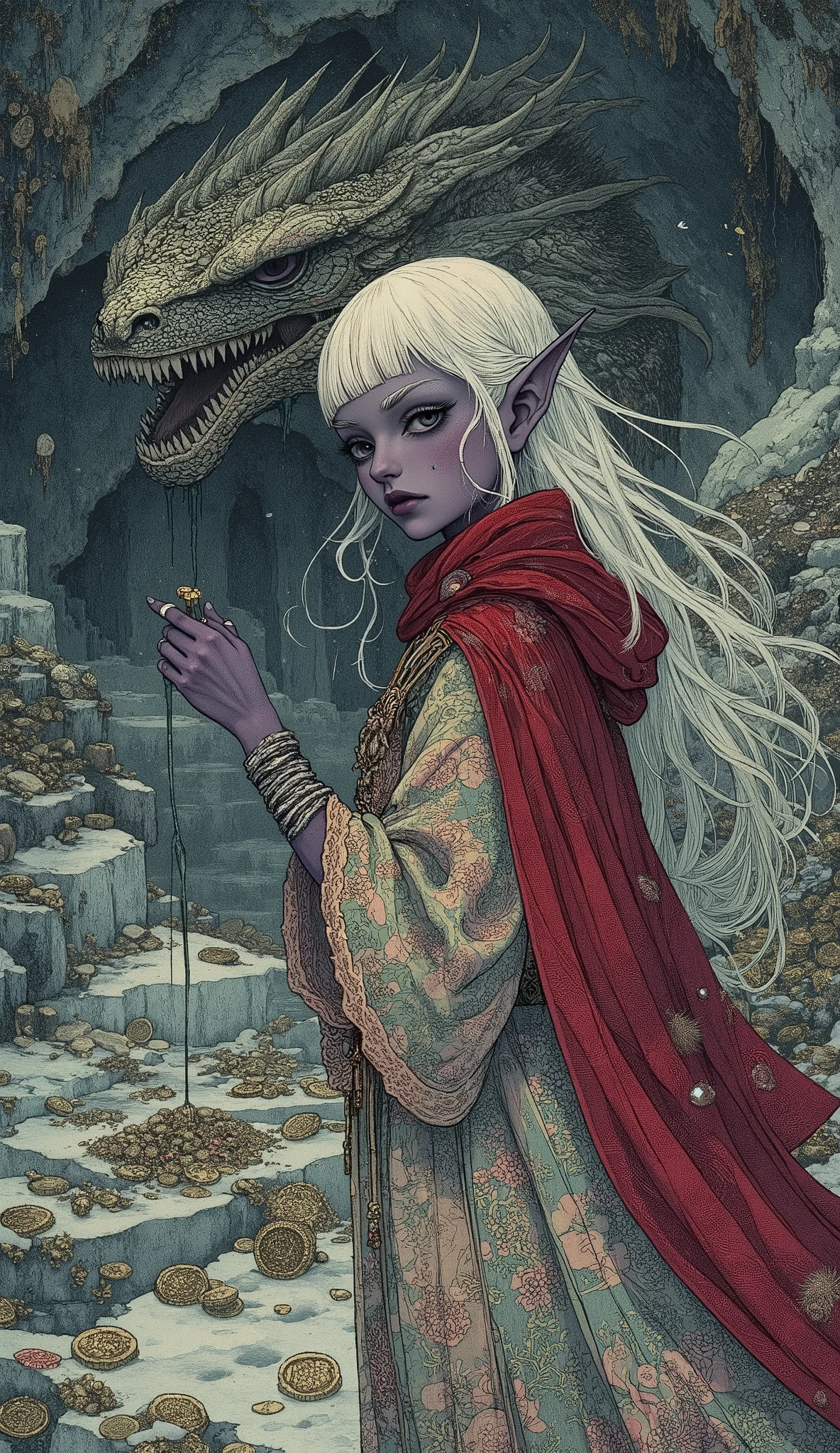(A fusion of Ukiyo-e and dark fantasy. Aesthetic and gothic digital art. Draw a detailed face. Look away.) BREAK (Transparent white hair. Blunt bangs. White eyebrows. Long white eyelashes. Almond-shaped eyes. Lavender-colored eyes. Thick, dark eyeliner. Small pink lips. Slightly pointed ears. Dark purple skin. Thin limbs. Thin fingers. White nails. Draw one thumb and four fingers accurately.) BREAK (In a dimly lit, freezing cold ice cave, a female dark elf dragon slayer stands with her back turned, leaning forward, reaching out with one hand to pick up a luxurious necklace from the mountain of gold and silver coins, gems, and magical treasures piled high in the ice cave. In her other hand, she holds a short sword dripping with green acid. She wears a 15th-century Romanian court-style dress made of sheer lace material in soft pastel tones, paired with gray lace-up sandals and a deep red cloak. The air is thick with fog, creating a dangerous atmosphere!)