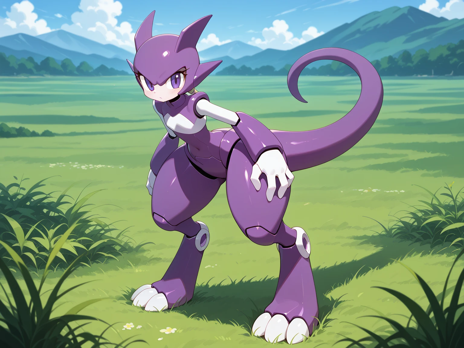 ((masterpiece,best quality)), absurdres, palkia, red eyes, closed mouth, standing, full body, outdoors, sky, shiny, tree, night, Star (sky), night sky,,Redraw it in a beautiful anime style with a thin outline、Don't change the design