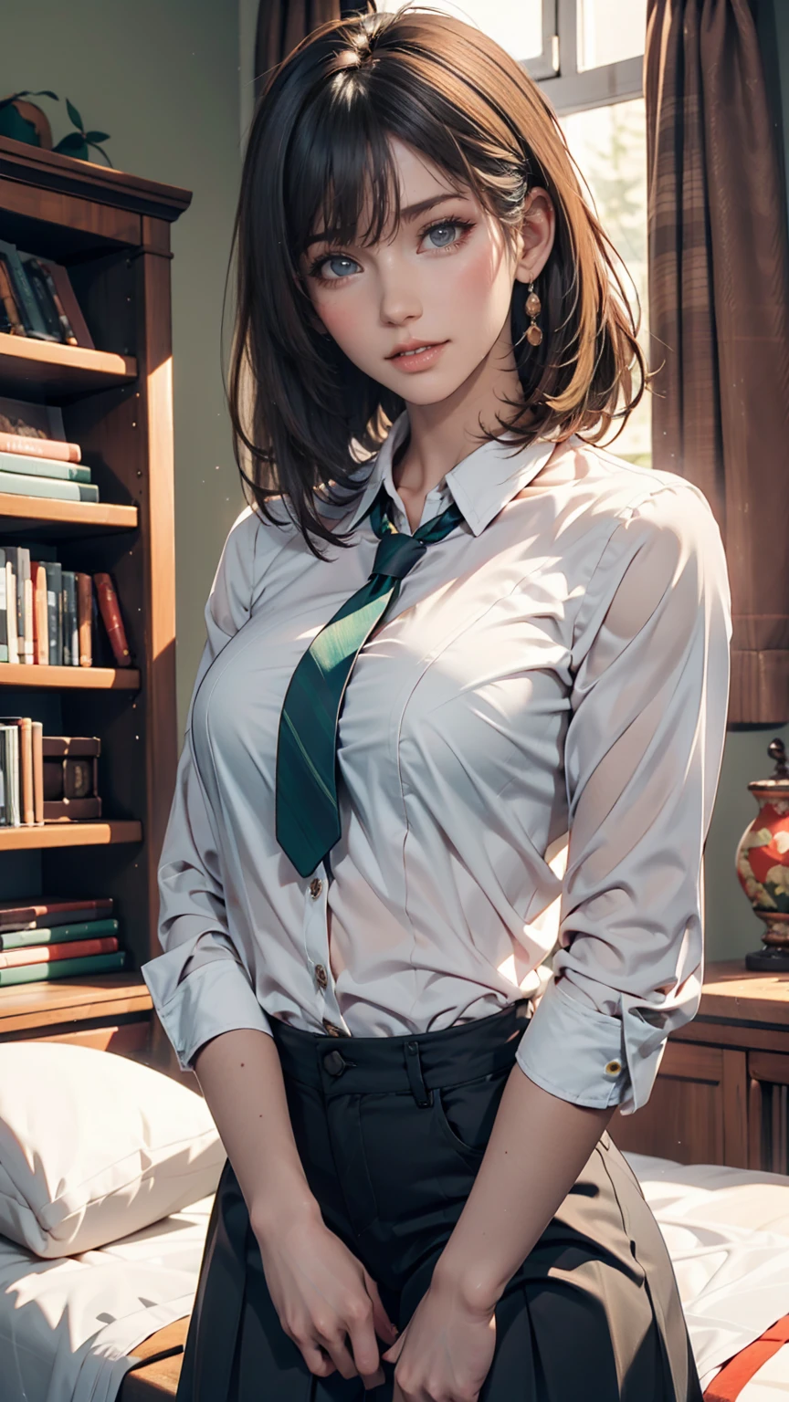 <lora:bethcast-10:0.9>, Bethcast, thick legs, thick hips, white shirt, green tie