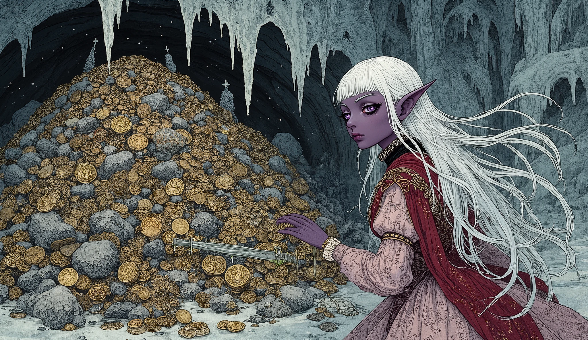 (A fusion of Ukiyo-e and dark fantasy. Aesthetic and gothic digital art. Draw a detailed face. Look away.) BREAK (Transparent white hair. Blunt bangs. White eyebrows. Long white eyelashes. Almond-shaped eyes. Lavender-colored eyes. Thick, dark eyeliner. Small pink lips. Slightly pointed ears. Dark purple skin. Thin limbs. Thin fingers. White nails. Draw one thumb and four fingers accurately.) BREAK (In a dimly lit, freezing cold ice cave, a female dark elf dragon slayer stands with her back turned, leaning forward, reaching out with one hand to pick up a luxurious necklace from the mountain of gold and silver coins, gems, and magical treasures piled high in the ice cave. In her other hand, she holds a short sword dripping with green acid. She wears a 15th-century Romanian court-style dress made of sheer lace material in soft pastel tones, paired with gray lace-up sandals and a deep red cloak. The air is thick with fog, creating a dangerous atmosphere!)