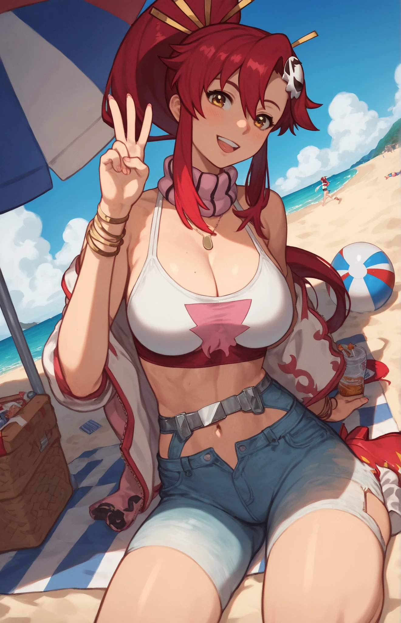 2d, masterpiece, best quality, anime, highly detailed, full body, 1girl, solo, marine_beach, red bikini, white shorts, jewelry, black jacket, baseball cap, heart-shaped eyewear, heterochromia, beach, dynamic pose, :d, island, waves, palm tree, towel <lyco:senchou_unison-10:1>