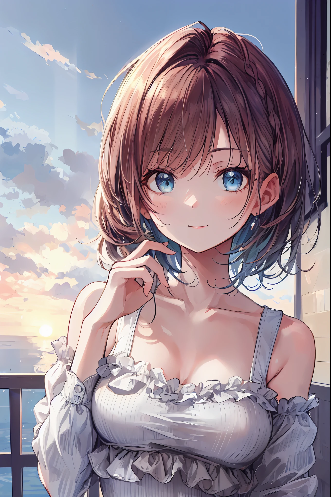 Misty rural sunrise 、Woman running up a steep hill、 distant and close views in a big, misty city at sunrise 、 smoke is coming out of old factory chimneys near the bay and harbor 、 movie light、 dramatic atmosphere 、8k、 high image quality 、 realistic 、 detailed display 、 achromatic 、 amount of lighting from above 、Hazy environment、 brown hair, Shortcut, My hair is messy, short braided hair wet over body ,neat, Slender Beauty,hole々positive attitude,small breasts, Her enchanting gray-blue eyes shine like stars, Black Camisole , beautiful eyes ,A delicate smile, The best品質、The best, A Gentle and Beautiful Woman , anime style 、