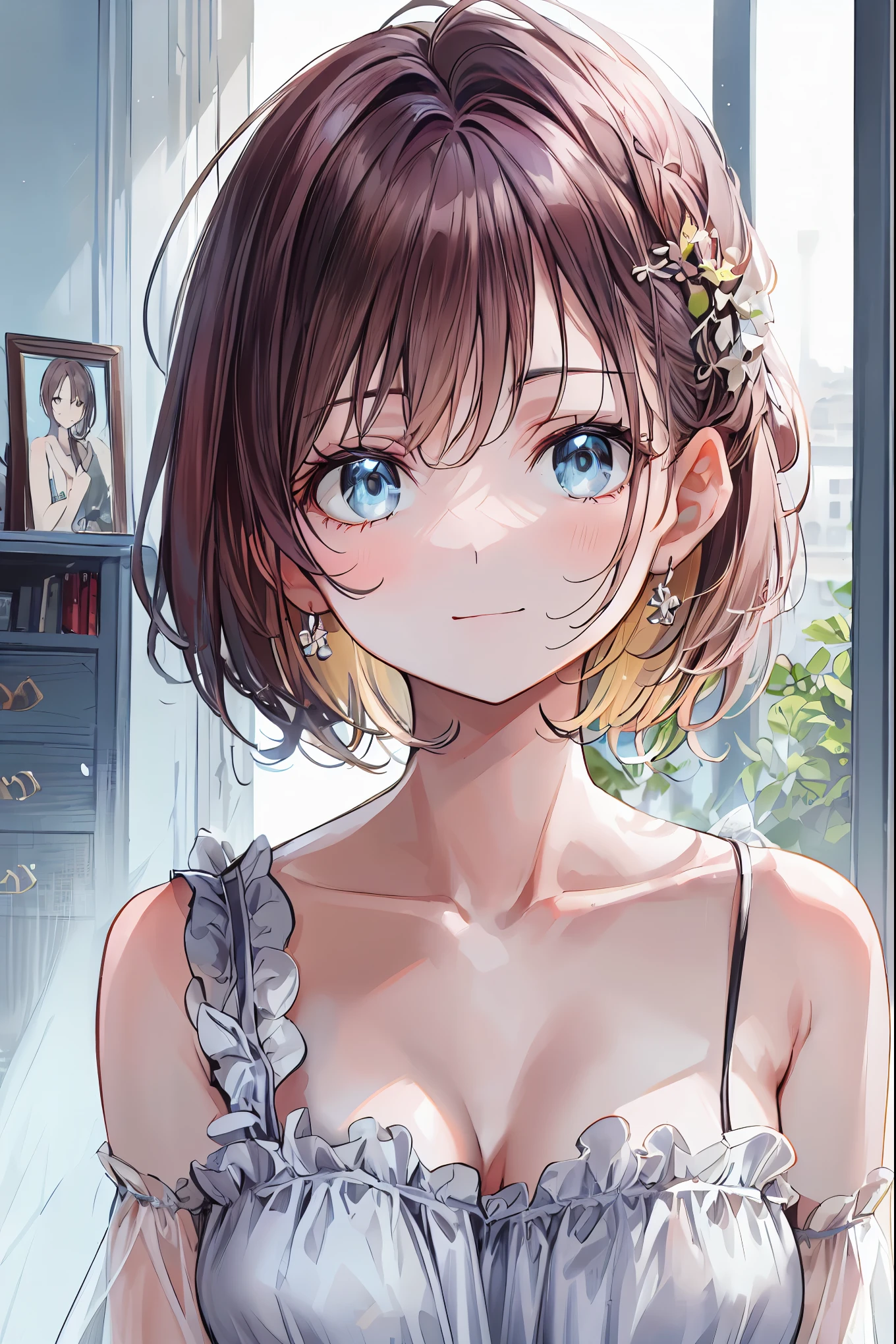 Misty rural sunrise 、Woman running up a steep hill、 distant and close views in a big, misty city at sunrise 、 smoke is coming out of old factory chimneys near the bay and harbor 、 movie light、 dramatic atmosphere 、8k、 high image quality 、 realistic 、 detailed display 、 achromatic 、 amount of lighting from above 、Hazy environment、 brown hair, Shortcut, My hair is messy, short braided hair wet over body ,neat, Slender Beauty,hole々positive attitude,small breasts, Her enchanting gray-blue eyes shine like stars, Black Camisole , beautiful eyes ,A delicate smile, The best品質、The best, A Gentle and Beautiful Woman , anime style 、