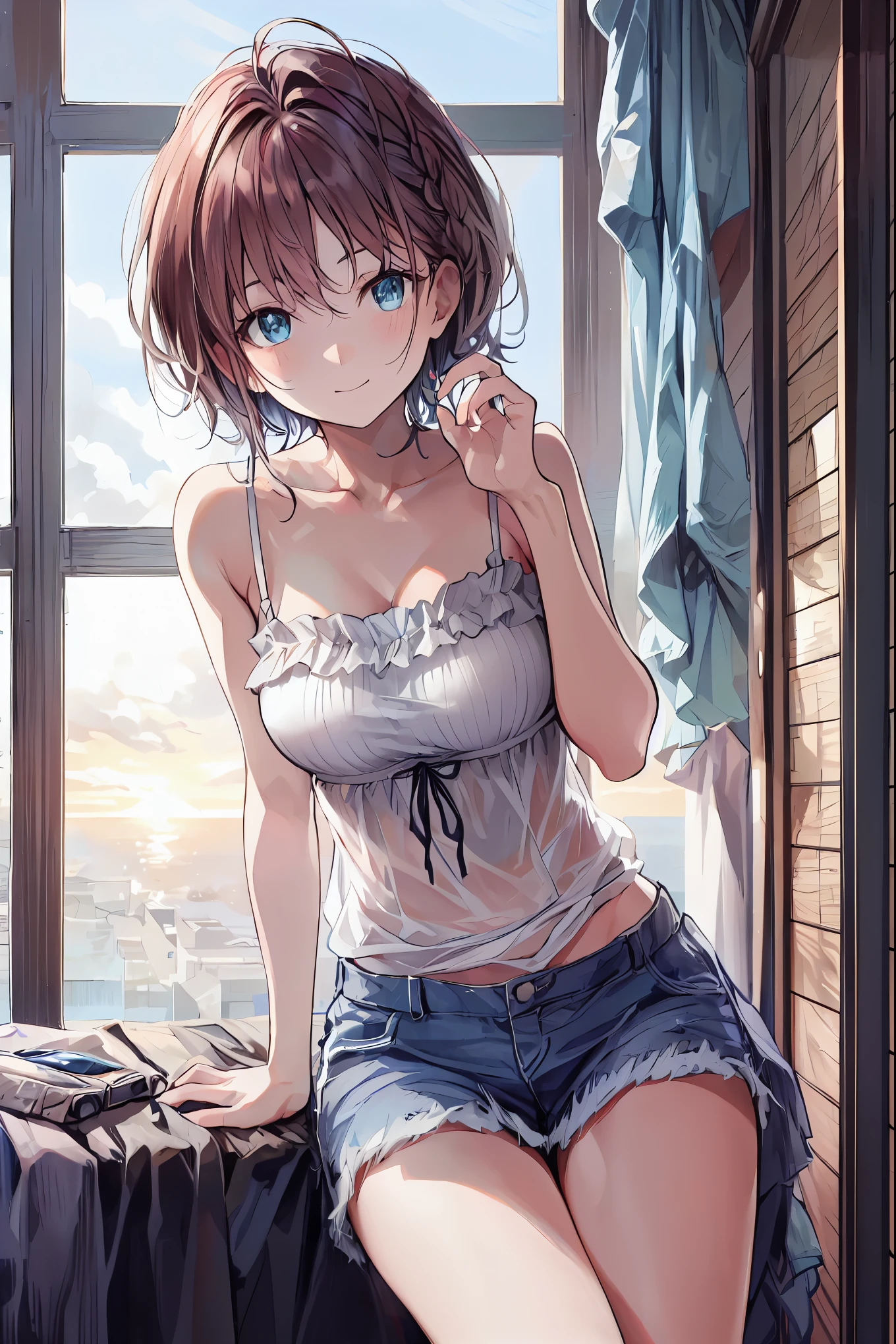 Misty rural sunrise 、Woman running up a steep hill、 distant and close views in a big, misty city at sunrise 、 smoke is coming out of old factory chimneys near the bay and harbor 、 movie light、 dramatic atmosphere 、8k、 high image quality 、 realistic 、 detailed display 、 achromatic 、 amount of lighting from above 、Hazy environment、 brown hair, Shortcut, My hair is messy, short braided hair wet over body ,neat, Slender Beauty,hole々positive attitude,small breasts, Her enchanting gray-blue eyes shine like stars, Black Camisole , beautiful eyes ,A delicate smile, The best品質、The best, A Gentle and Beautiful Woman , anime style 、