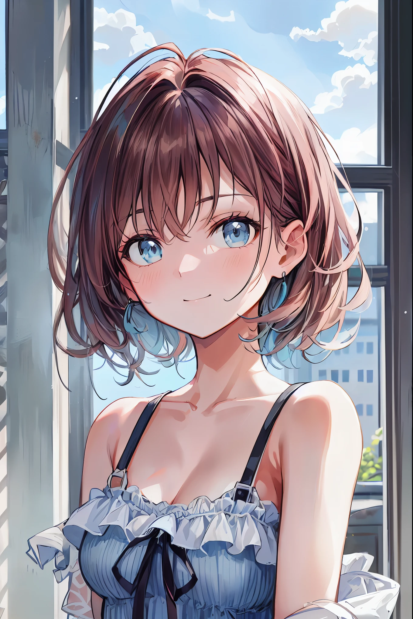 Misty rural sunrise 、Woman running up a steep hill、 distant and close views in a big, misty city at sunrise 、 smoke is coming out of old factory chimneys near the bay and harbor 、 movie light、 dramatic atmosphere 、8k、 high image quality 、 realistic 、 detailed display 、 achromatic 、 amount of lighting from above 、Hazy environment、 brown hair, Shortcut, My hair is messy, short braided hair wet over body ,neat, Slender Beauty,hole々positive attitude,small breasts, Her enchanting gray-blue eyes shine like stars, Black Camisole , beautiful eyes ,A delicate smile, The best品質、The best, A Gentle and Beautiful Woman , anime style 、