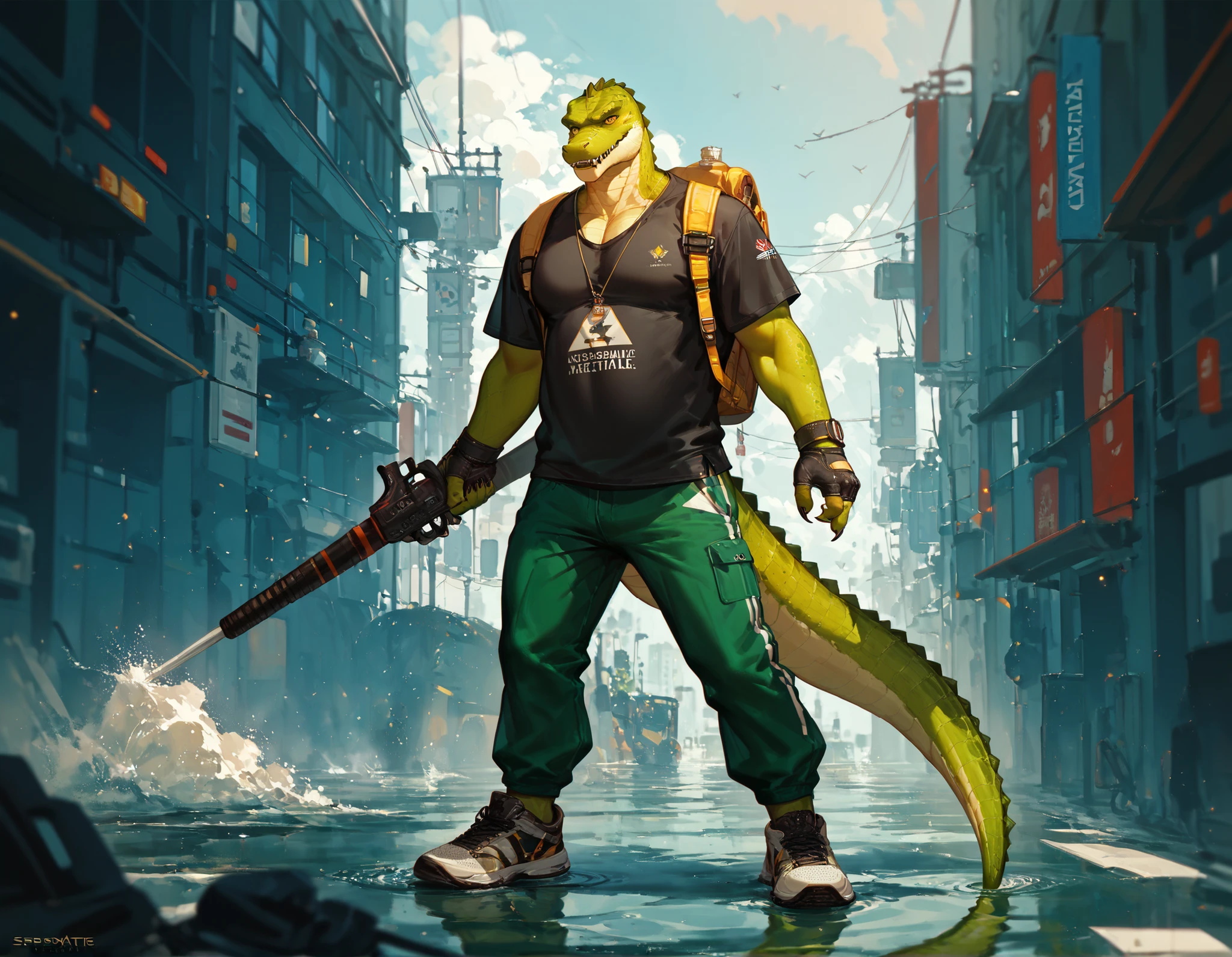score_9_up, score_8_up, score_7_up, (masterpiece, high detailed), illustration, solo, 1 mature man, crocodile-men hybrid, yellow eyes, green skin , green scales, wearing a black shirt, sport's pants, esportive shoes, a small backpack; urban fantasy tematic . Character design