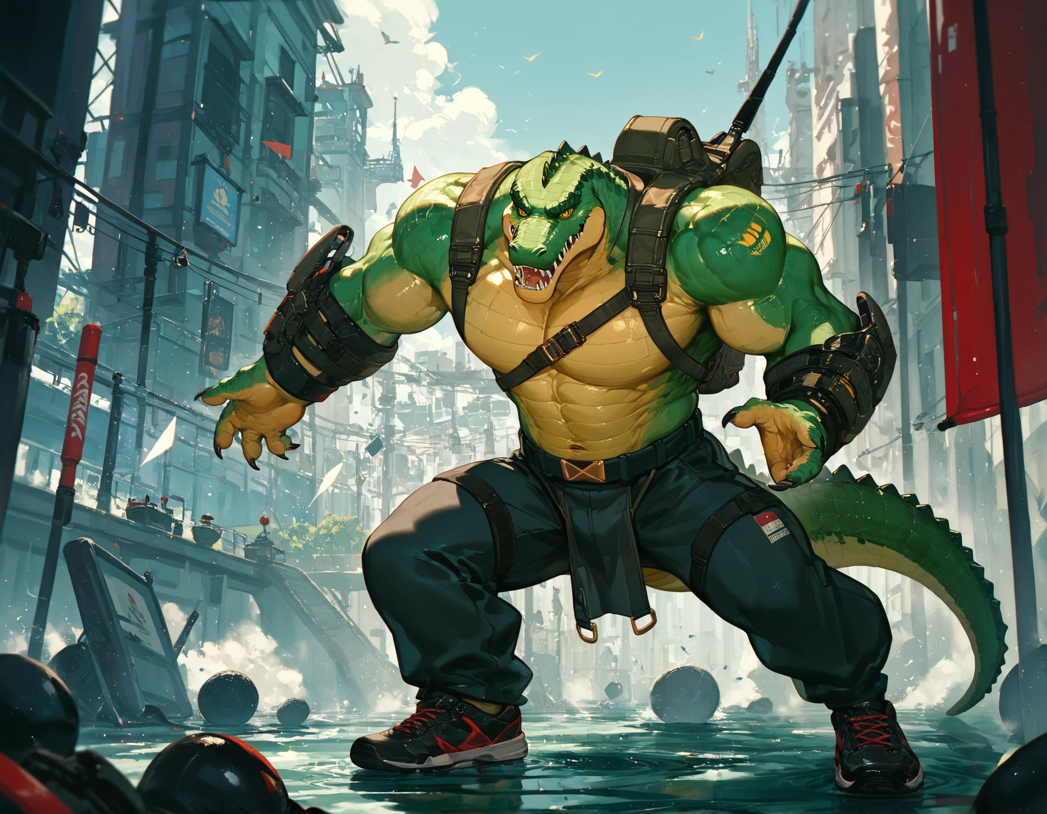 score_9_up, score_8_up, score_7_up, (masterpiece, high detailed), illustration, solo, 1 mature man, crocodile-men hybrid, yellow eyes, green skin , green scales, wearing a black shirt, sport's pants, esportive shoes, a small backpack; urban fantasy tematic . Character design
