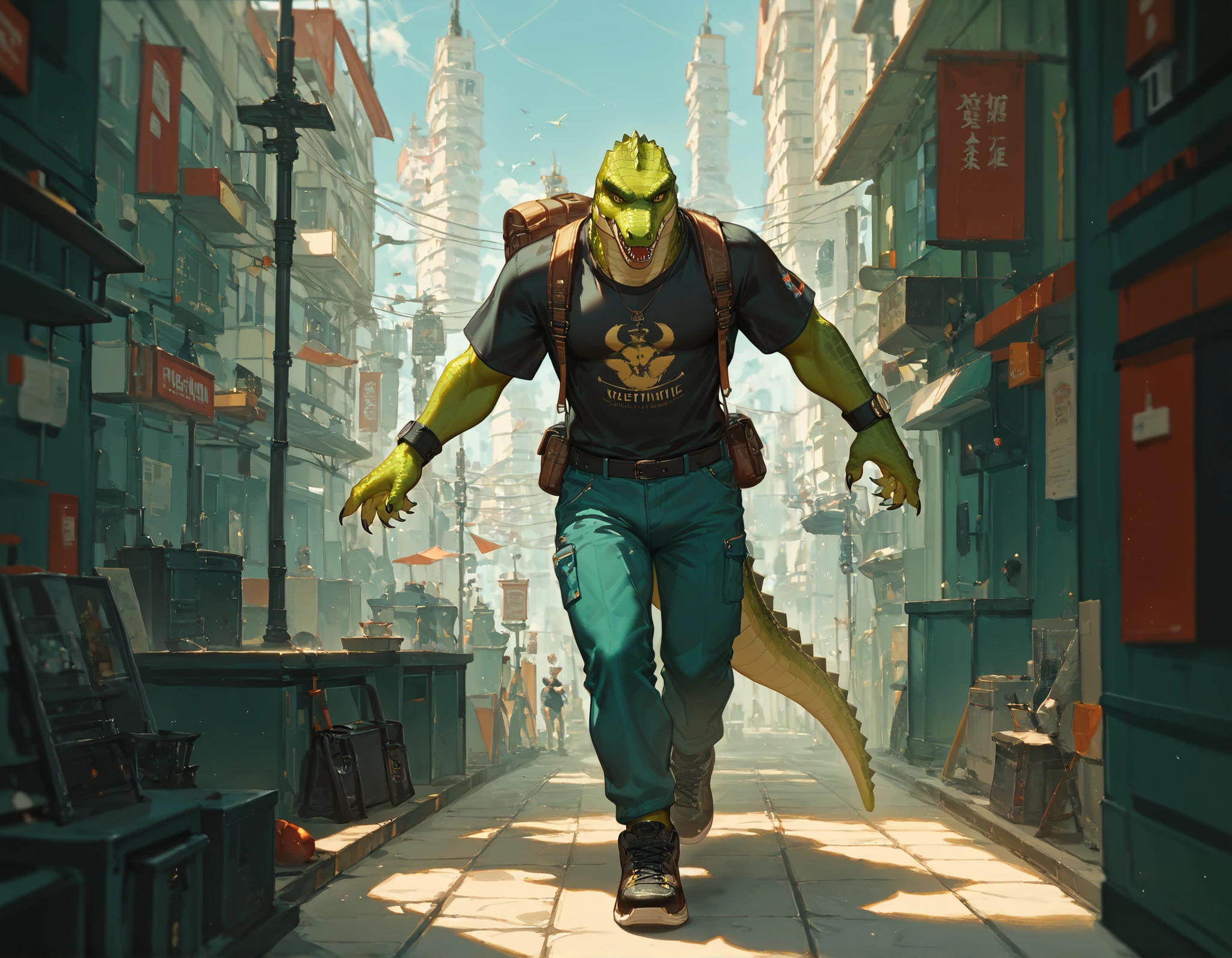 score_9_up, score_8_up, score_7_up, (masterpiece, high detailed), illustration, solo, 1 mature man, crocodile-men hybrid, yellow eyes, green skin , green scales, wearing a black shirt, sport's pants, esportive shoes, a small backpack; urban fantasy tematic . Character design
