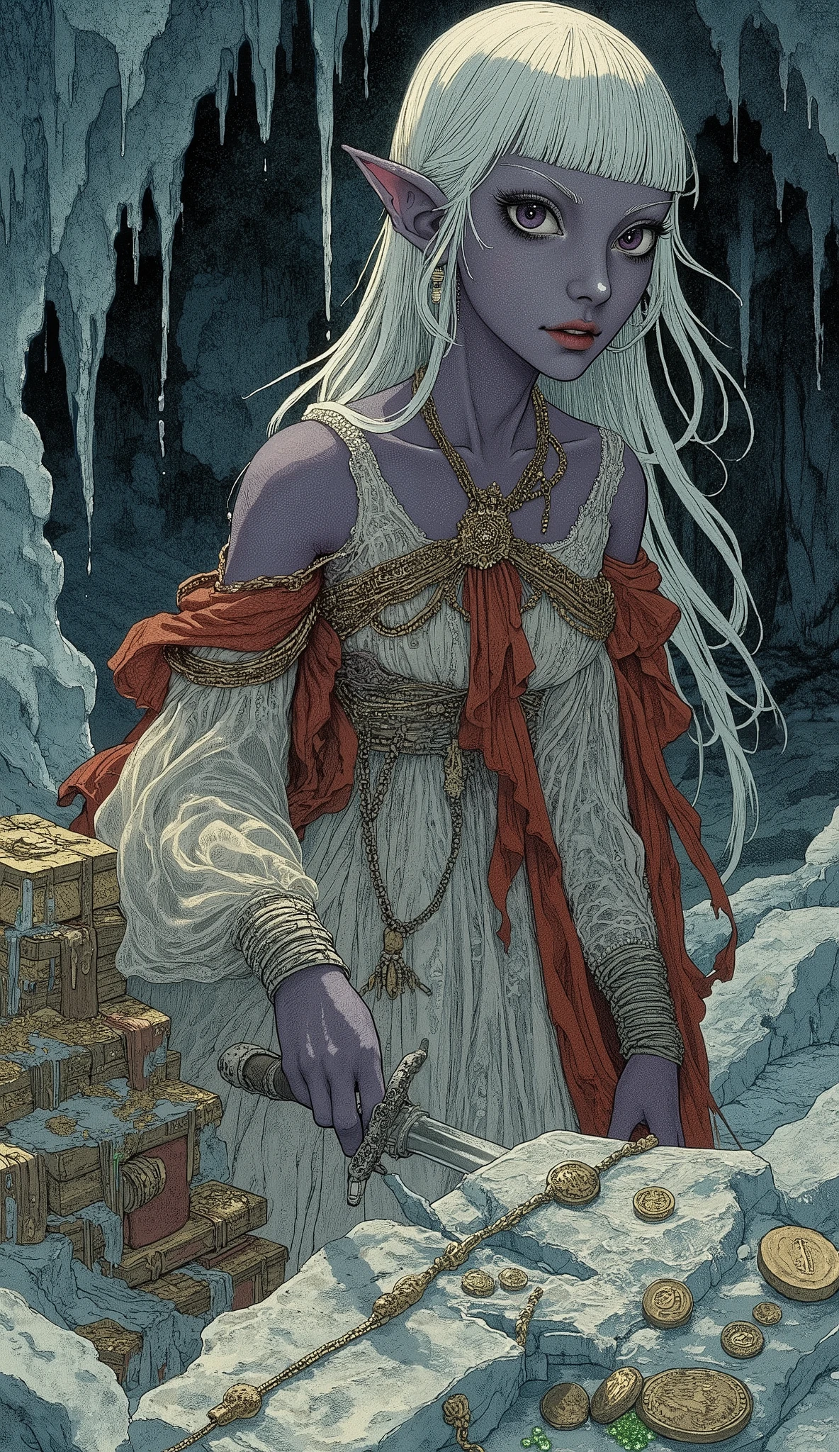 (A fusion of Ukiyo-e and dark fantasy. Aesthetic and gothic digital art. Draw a detailed face. Look away.) BREAK (Transparent white hair. Blunt bangs. White eyebrows. Long white eyelashes. Almond-shaped eyes. Lavender-colored eyes. Thick, dark eyeliner. Small pink lips. Slightly pointed ears. Dark purple skin. Thin limbs. Thin fingers. White nails. Draw one thumb and four fingers accurately.) BREAK (In a dimly lit, freezing cold ice cave, a female dark elf dragon slayer stands with her back turned, leaning forward, reaching out with one hand to pick up a luxurious necklace from the mountain of gold and silver coins, gems, and magical treasures piled high in the ice cave. In her other hand, she holds a short sword dripping with green acid. She wears a 15th-century Romanian court-style dress made of sheer lace material in soft pastel tones, paired with gray lace-up sandals and a deep red cloak. The air is thick with fog, creating a dangerous atmosphere!)