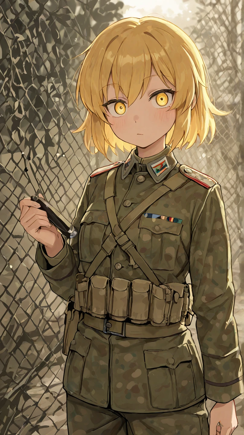 best quality, (masterpiece), Ultra-detailed, 1girl, (military green helmet), (cat costume helmet:1.3), military green jacket, green helmet, (POV:1.2), in front of military tent, short hair, (blonde hair), cowboy shot, short military pants, dynamic pose, small breast, spoken mark