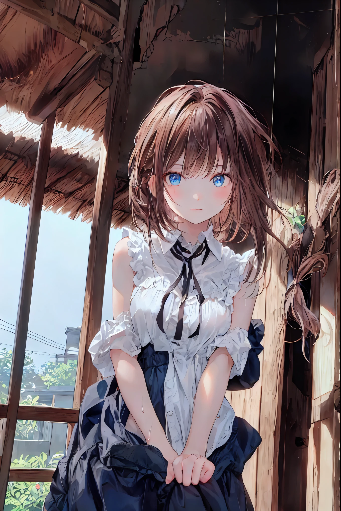 Misty rural sunrise 、Woman running up a steep hill、 distant and close views in a big, misty city at sunrise 、 smoke is coming out of old factory chimneys near the bay and harbor 、 movie light、 dramatic atmosphere 、8k、 high image quality 、 realistic 、 detailed display 、 achromatic 、 amount of lighting from above 、Hazy environment、 brown hair, Shortcut, My hair is messy, short braided hair wet over body ,neat, Slender Beauty,hole々positive attitude,small breasts, Her enchanting gray-blue eyes shine like stars, Black Camisole , beautiful eyes ,A delicate smile, The best品質、The best, A Gentle and Beautiful Woman , anime style 、