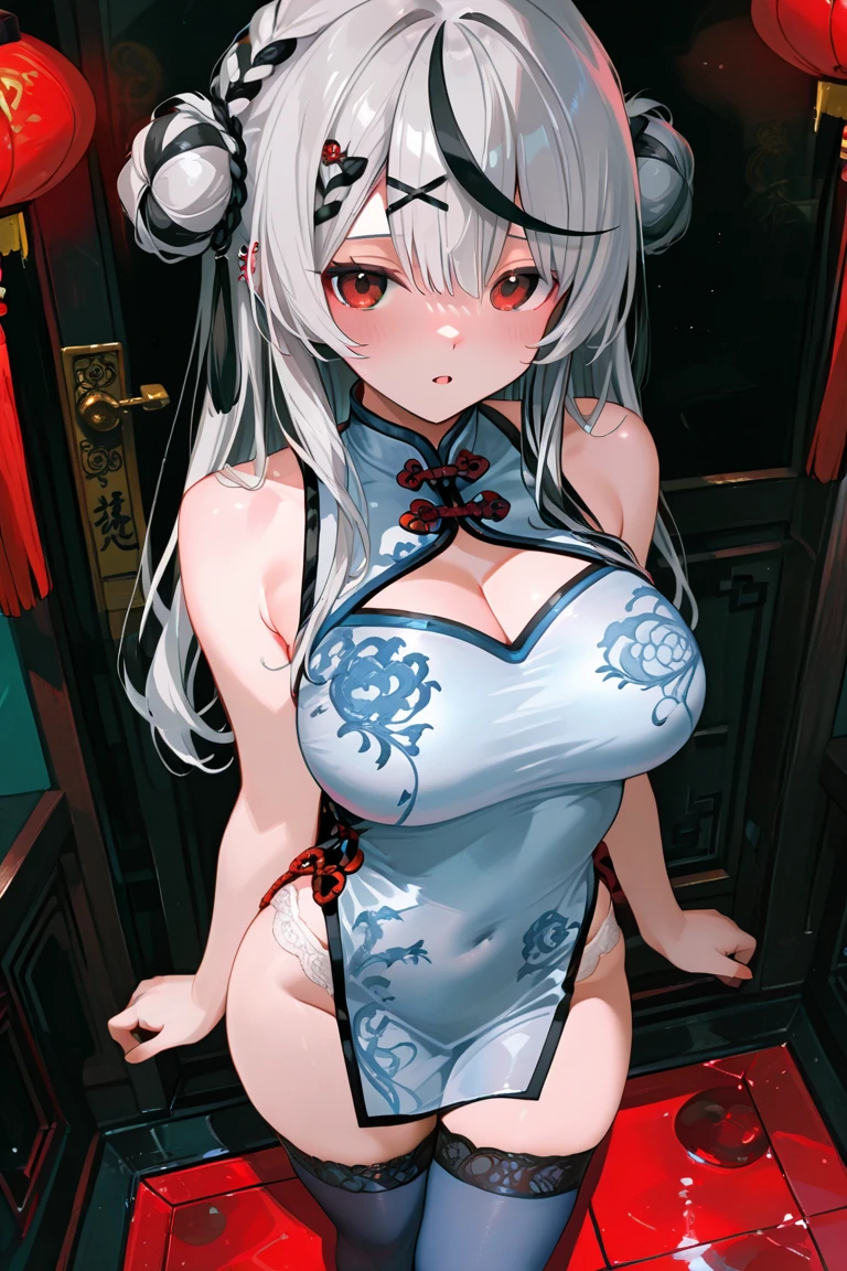 1girl,solo, huge breasts,
white hair, very long hair, straight hair,
china dress,
, <lora:LaGaVerSidelessChinaDress:1>,,short dress,
arms at sides,