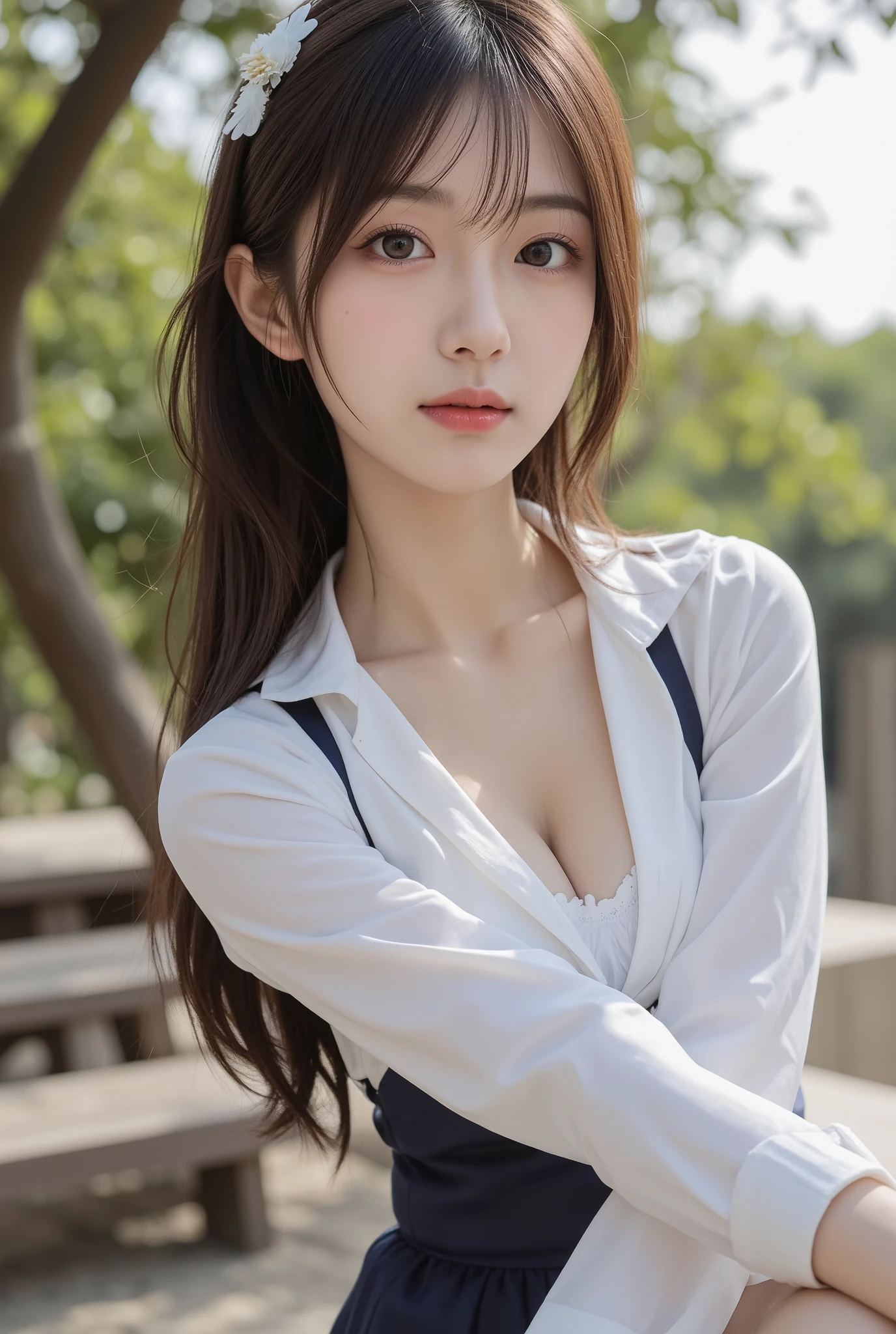 Masterpiece, Best Quality, Very Detailed, 8k, Photorealistic, soft focus, beautiful detailed eyes, detailed face, double eyelid, 1girl, solo, beautiful skin, real human skin, close-up shot, Full-body, beautiful firm breasts, beautiful cleavage, mature body, 18 years old girl, beautiful girl, Japanese idol, (french braid:1.3), brown hair, BREAK, (western shirt:1.3), BREAK, (Carmine layered slit skirt:1.3), BREAK(shiny mesh stockings), happy smile, Surrounded by plum blossoms in a plum garden in a Japanese garden, standing position, model pose,NSFW