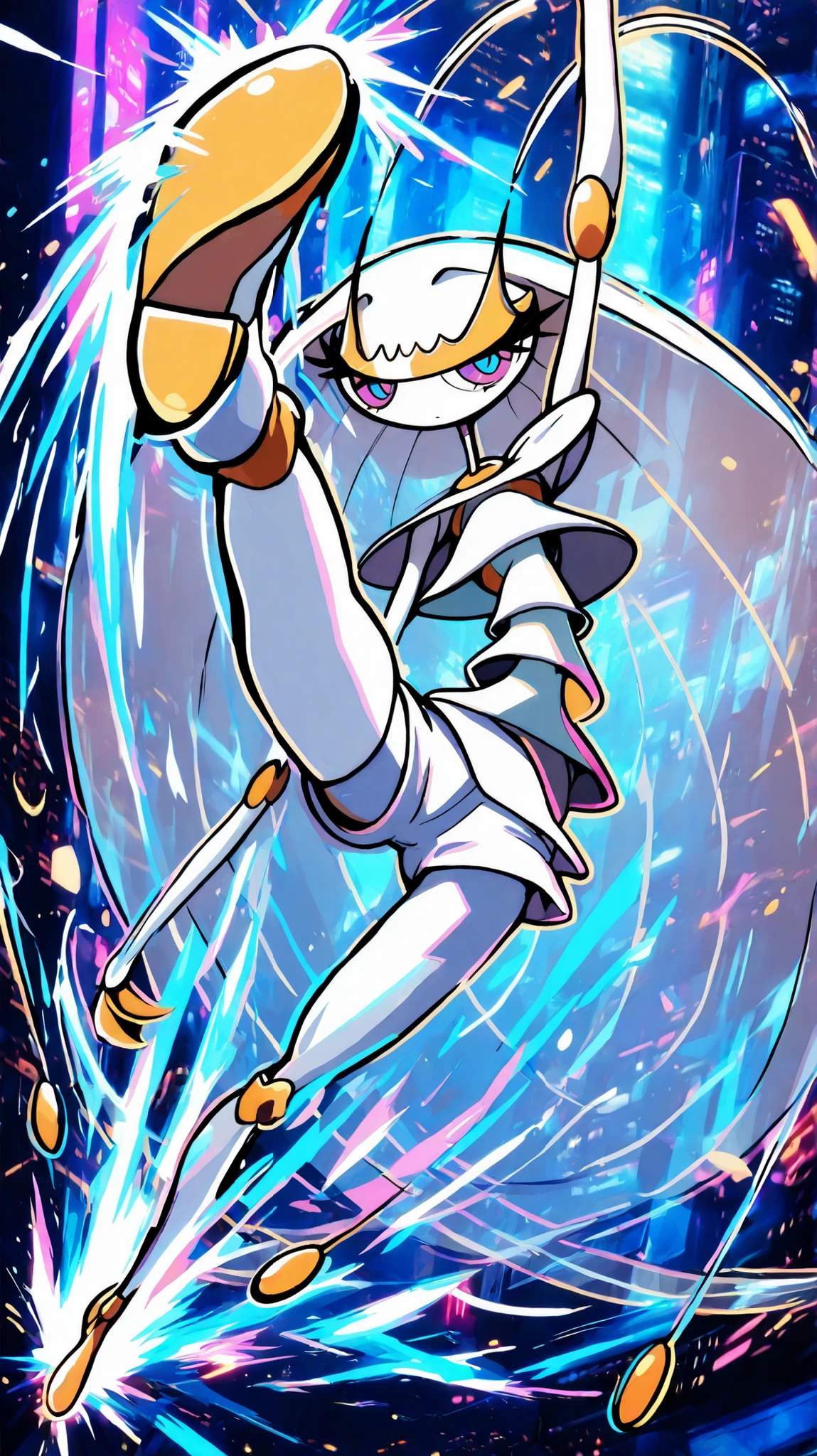 Pheromosa from Pokemon, White Body,Thin Waist, Very Thin Waist, Wasp Waist, Solo,vibrant colors, cel shading, Simplistic Art Style, solo,((round kick:1.3)),side view,(action:1.3),(acrobat:1.3),{cyberpunk background}