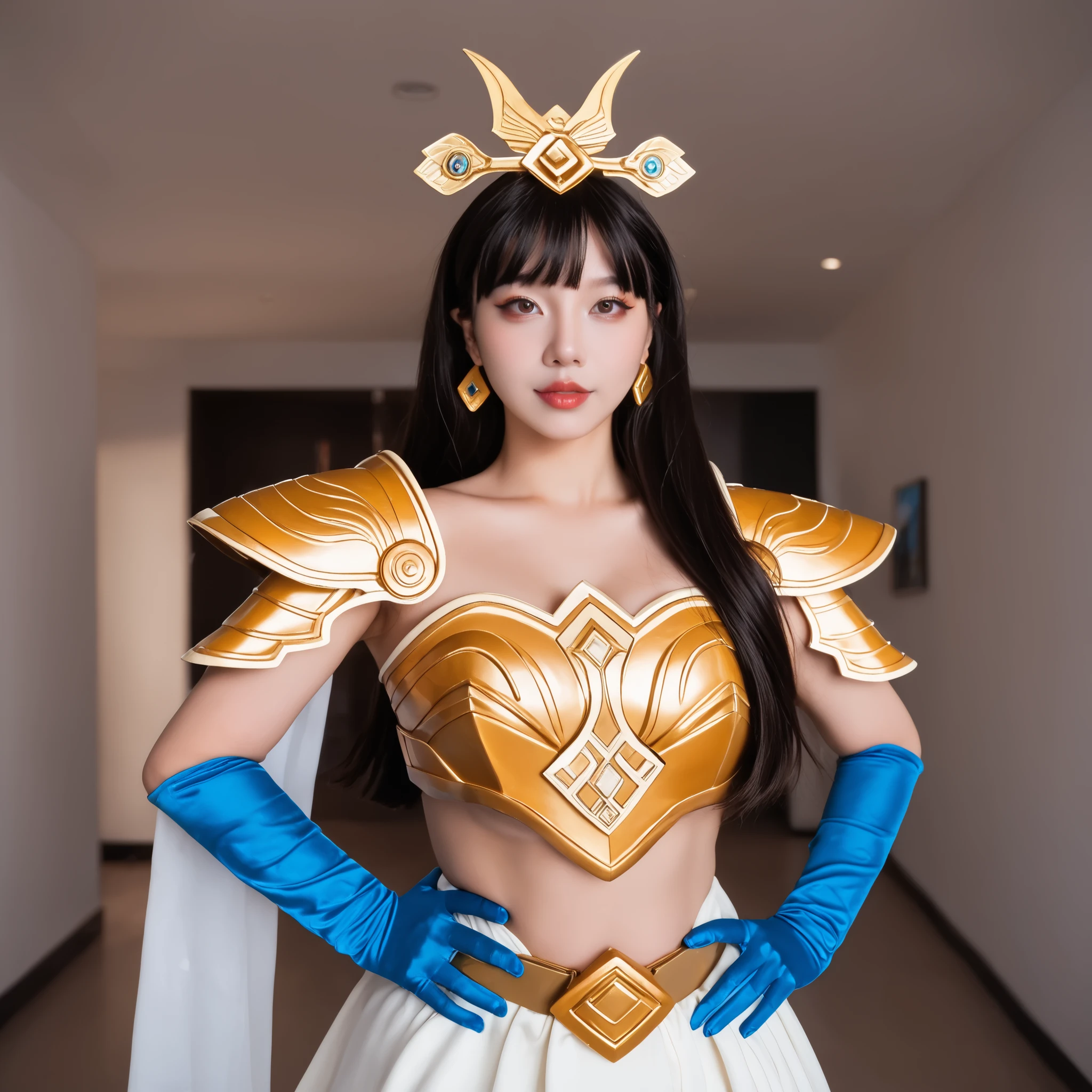 obra-prima, melhor qualidade, ultradetalhado, high resolution, semi-realistic anime style, Realistic Japanese woman, beleza natural, elegant facial features, pele lisa e clara, face perfeita, olhos expressivos, shiny lips, professional model body, Slim and well-proportioned figure, postura elegante, delicate hands, cinematographic lighting, depth of field, sombras suaves, intricate details, photorealistic textures , quebrar, long blond hair, olhos azuis, franja, seios grandes, quadris largos, sorriso, quebrar, (golden armor, golden shoulder armor, saia azul plissada, blue elbow gloves, Manopla Dourada), quebrar, (contrapposto, a hand on the hip), fundo desfocado, blue sky, the road to El Dorado, glowing neon lights, skin identification, she has huge tits