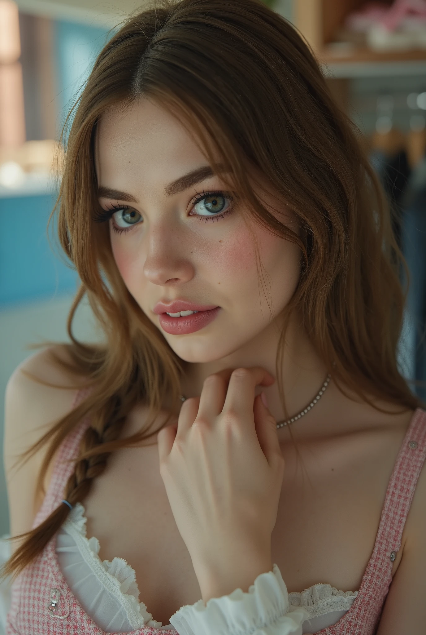 1girl, Sexy Girl suffers, braids, beautiful face, marvelous, beautiful, beautiful, beautiful face, pale skin, parts, brown hair, blue eyes, full and shiny lips, big lips, Thick lips, open lips, light pink lip gloss , Mascara, thin lips sex thighs, porque, , thin lips sex, Flat Chested, ((thin lips sex anorexic porque)), (Because Heigth:140cm), big head, innocent-looking , juvenile face, long pink nails , choker, feet and heels hd, with checkered pink microskirt, white camiseta without men, white socks with ruffles fitted to the knee, high heels in black patent leather, sudoroso, working in a clothing store, Perfect your eyes, ojos beautifuls, highly detailed and expressive, detailed eyes, 35 mm photograph, movie, bokeh, professional, 4k, Highly detailed dynamic lighting, photorealistic, 8K, CRU, rico, intricate details,