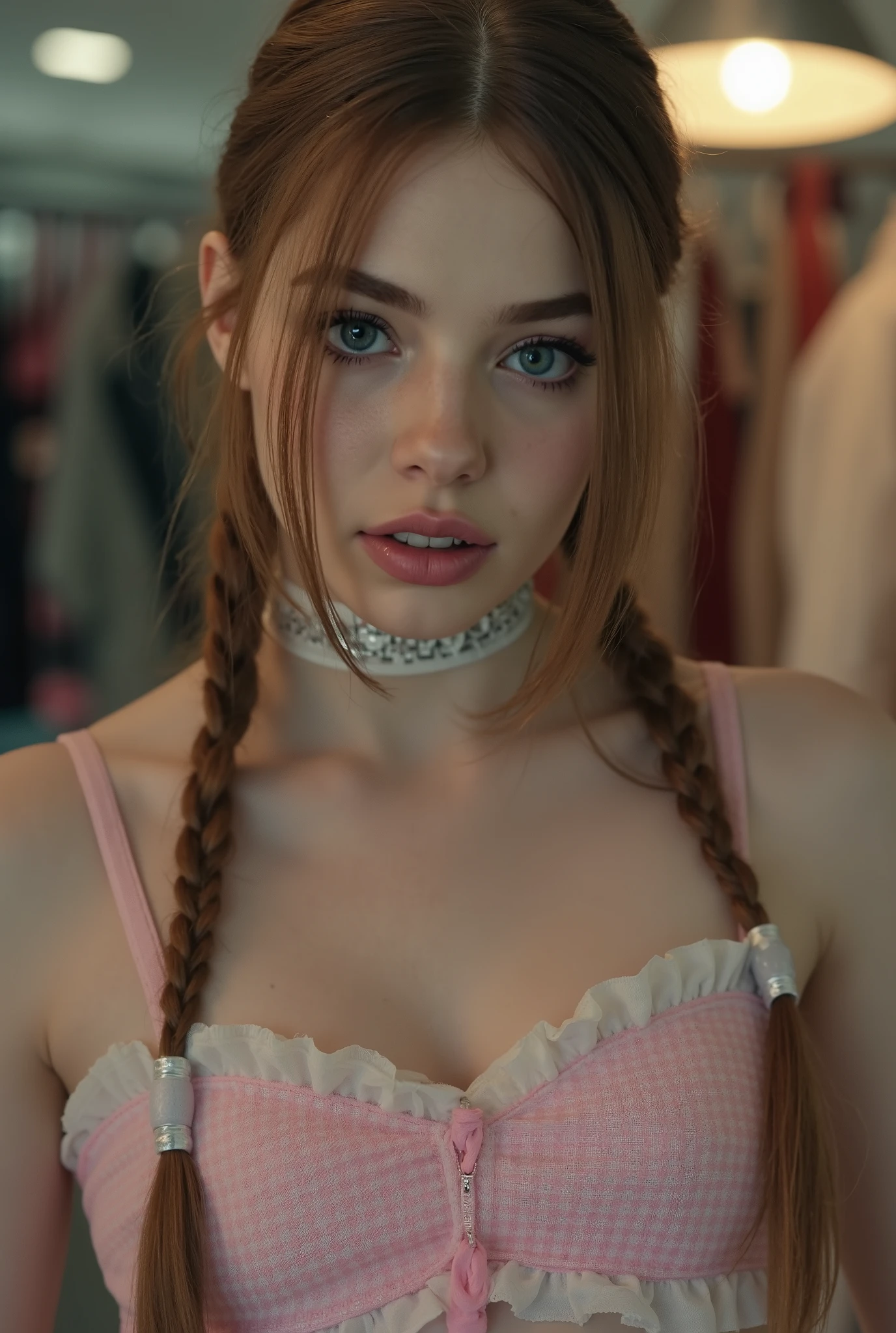 1girl, Sexy Girl suffers, braids, beautiful face, marvelous, beautiful, beautiful, beautiful face, pale skin, parts, brown hair, blue eyes, full and shiny lips, big lips, Thick lips, open lips, light pink lip gloss , Mascara, thin lips sex thighs, porque, , thin lips sex, Flat Chested, ((thin lips sex anorexic porque)), (Because Heigth:140cm), big head, innocent-looking , juvenile face, long pink nails , choker, feet and heels hd, with checkered pink microskirt, white camiseta without men, white socks with ruffles fitted to the knee, high heels in black patent leather, sudoroso, working in a clothing store, Perfect your eyes, ojos beautifuls, highly detailed and expressive, detailed eyes, 35 mm photograph, movie, bokeh, professional, 4k, Highly detailed dynamic lighting, photorealistic, 8K, CRU, rico, intricate details,