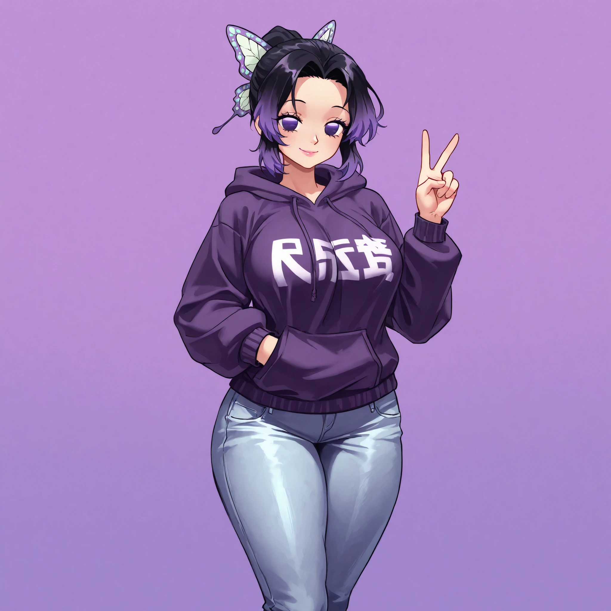 masterpiece, ultra-HD, impressionism, high detail, best quality, very aesthetic, 8K, best quality, beautiful, ultra-high resolution, 32K UHD, 1girl, solo, patShinobu, shinobu kochou, black hair, butterfly hair ornament, butterfly print, forehead, gradient hair, hair ornament, multicolored hair, parted bangs, ponytail, purple hair, short hair, two-tone hair, purple eyes, eyelashes, pink lips, big breasts, narrow waist, wide hips, thick thighs, shapely legs, slim, purple baggy hoodie, white skinny jeans, blushed, smile, cute, peace sign hand, hand on pockets, standing, looking at the viewer, simple background, from the front view