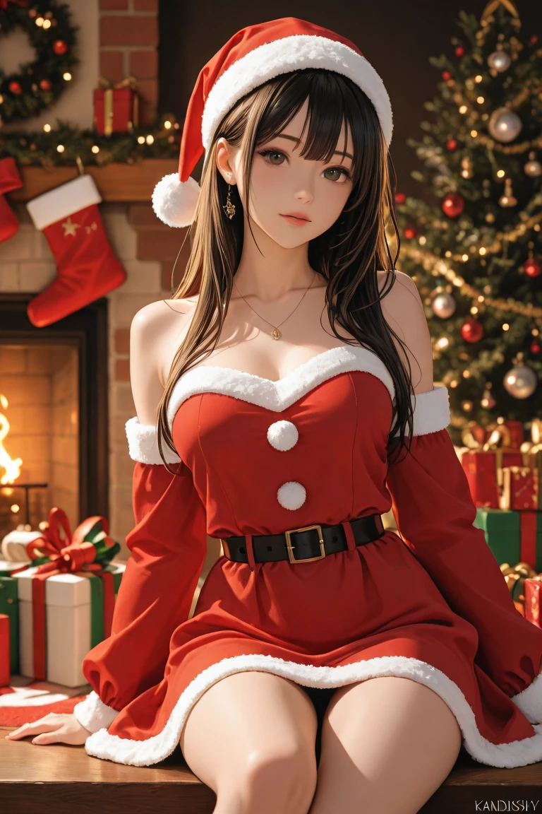 (masterpiece:1.2), best quality, masterpiece, highres, original,perfect light, 4k,8k,1girl, antlers, black hair, brown eyes, brown hair, candy cane, christmas, christmas lights, christmas ornaments, christmas tree, earrings, gift, gift box, holly, jewelry, lantern, lips, lipstick, long hair, long sleeves, looking at viewer, merry christmas, paper lantern, parted lips, realistic, red background, red moon, red theme, santa costume, santa hat, sleeves past wrists, snow, snowing, solo, star \(sky\), torii,<lora:christmas_real-000014:0.8>