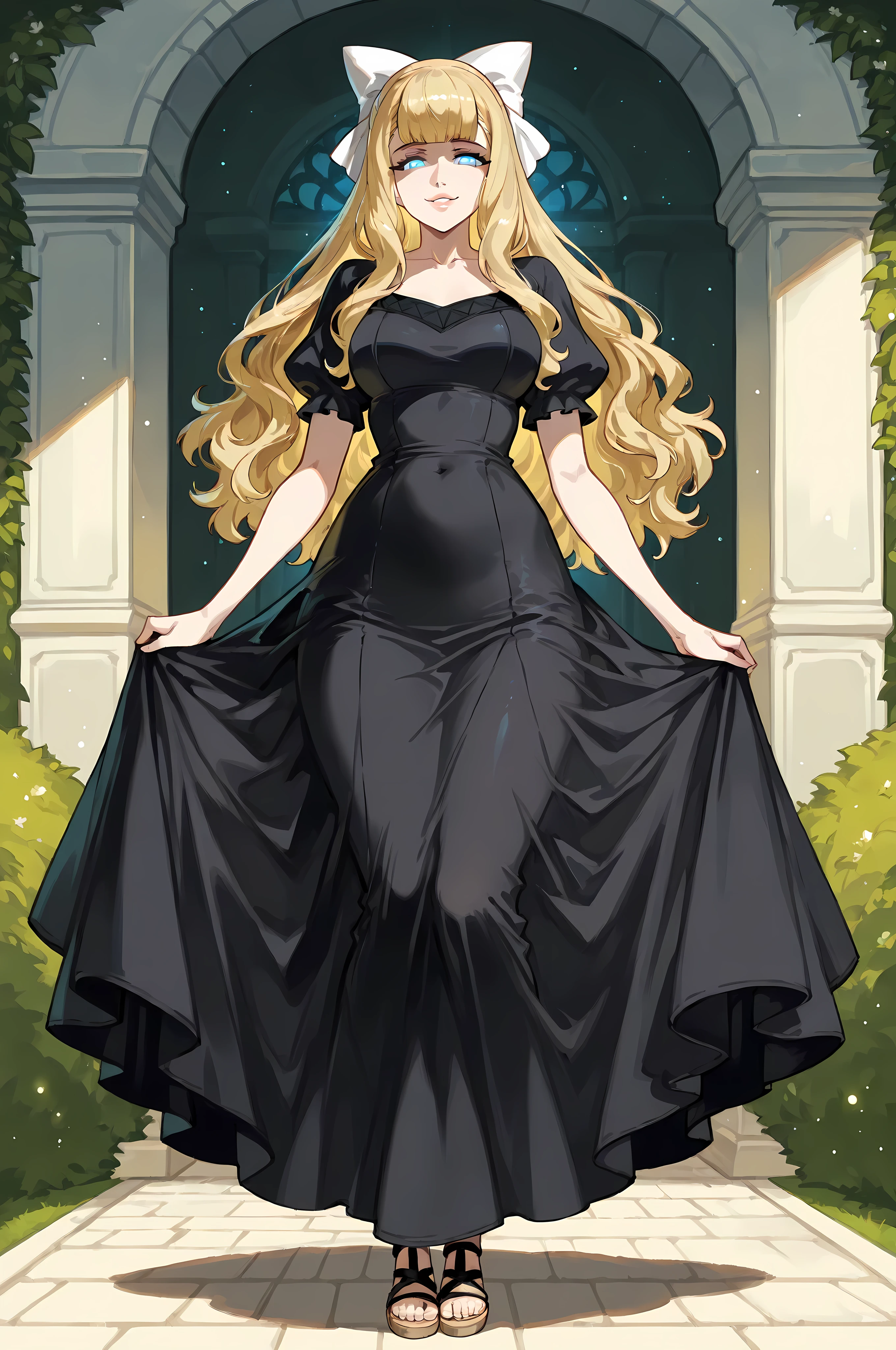 lazypos, 1girl, solo, looking at viewer, wideshot, from the front, standing, detailed eyes, looking at viewer, shadow, ligh particles, full lips, thick lips, Inspiring, confident smile, confident expression,
charlotte \(fire emblem\), blonde hair, blue eyes, glowing eyes, greek garden background, black dress, sandals,