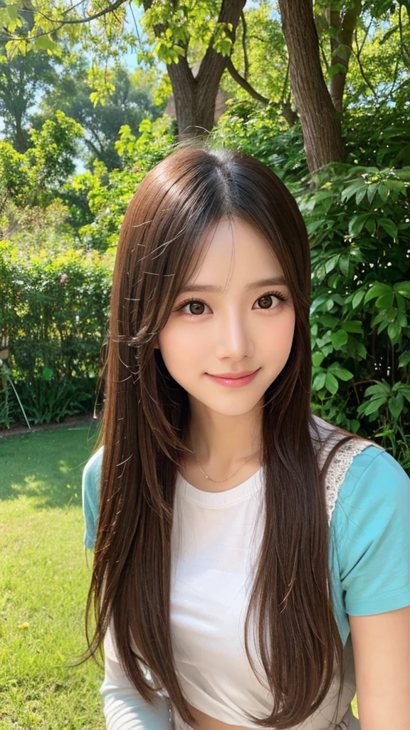 seed:2020674263.((Full body angle:1.1)).((Highest quality, 8K, masterpiece:1.3)), ((from below:1.1)).concentrated:1.2, Perfect body beauty:1.4, :1.2, ((Delicate Hair)), (Colorful button-through crop shirt :1.1) , ((Highest quality、8k、masterpiece:1.3))、1 Girl、A sloppy smile、Esbian all over、Slim face、Big 、Beautiful woman、(Dark Brown Hair)、Long Hair、1.1、Flickering Valley、Detailed eyes、double eyelid、Blurred Background、超Slim face、Smile、Looking down、stroll、