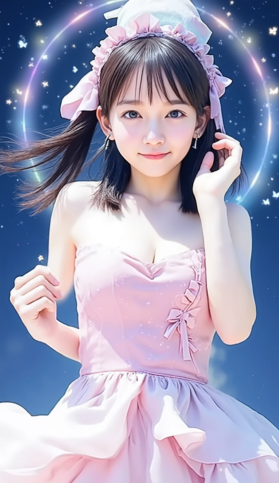 anime style、14-year-old girl 、Twin Tails、big blue eyes、Adorable Smile、Healthy skin color、slender figure、Pink and White Ruffle Dress、Ribbon Embellishment 、heart motif、magic wand、detail、masterpiece、Highest Quality、Magical Girl、Sparkle effect、Rainbow Magic Circle、Sparkling Effects、transformation scene、starry sky background、pastel、heart effect、Dancing Butterflies Putting Hands on Hats、magical effect、Dynamic Pose where you put your hand on the hat、transformation scene、Magical Light、Floating Hair、A symbol of love and hope、Dynamic Pose、Pink Light、Starlight、rainbow effect、Cute expression、hopeful eyes、The Power of Love、great vibe、Magical Vibes