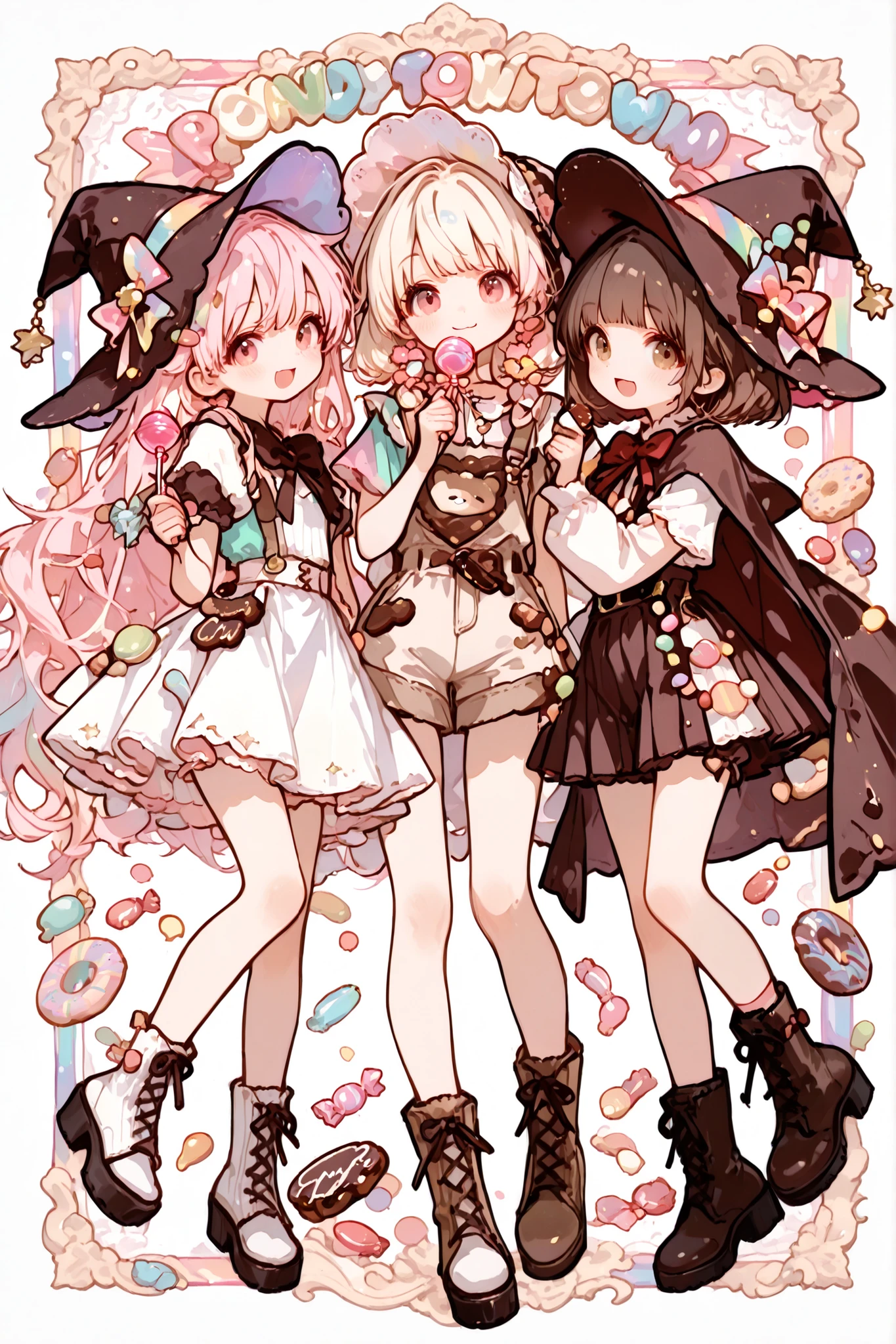 Quality: Excellent, highest quality, high resolution.
Background: Candy Town, decorated with colorful sweets such as pastels, chocolates, cookies, candy, jelly beans, and marshmallows.
Characters: Three girls wearing witch hats and capes. One wears a brown top, pleated skirt, and lace-up boots. One holds a lollipop-shaped wand and wears a rainbow-colored shirt, shorts, and sandals. One wears a fluffy white dress.
Overall atmosphere: Pastel colors, pop, and cute. The image is bright and cheerful.