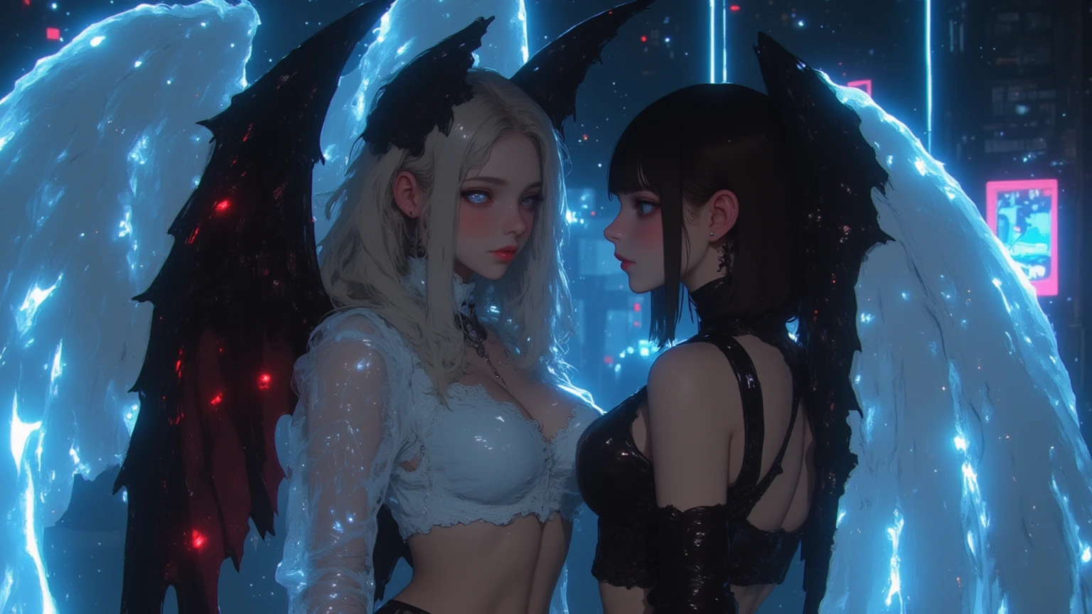 {{masterpiece}}, best quality, extremely detailed CG unity 8k wallpaper, cinematic lighting, lens flare, beautiful detail eyes, black, side glance, multicolor short white hair, colorful light, particles, heterochromia, (colorful:1.5), (colorful hair:1.5), Sexy bikini, bikini armor, wings on back,