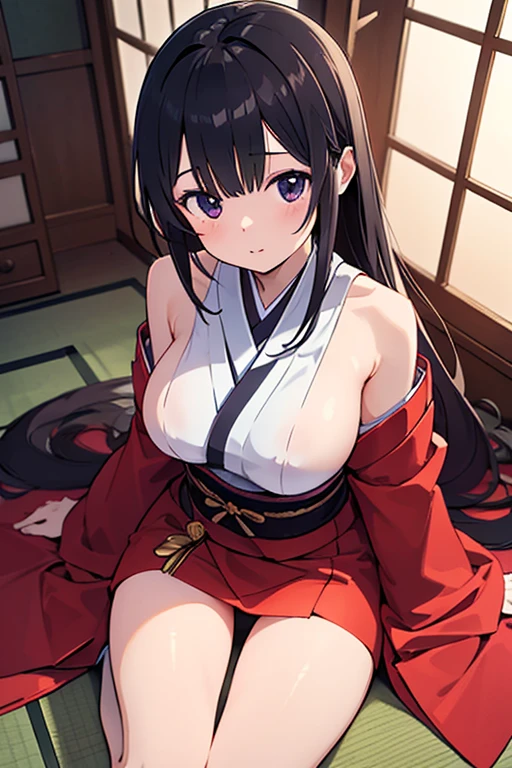 nsfw, 15-year-old Japanese girl, with very long black hair pulled into a high ponytail, standing at a secluded shrine. She wears the traditional miko attire, the open robe revealing her nipple piercings and mini-rotors, sex toys tucked discreetly within. A crowd gathers, creating a sense of tension and intrigue. The girl, shy and looking down, lifts her clothes as she pees, her legs spread apart. The scene is captured in an exceptionally detailed and photorealistic image, revealing every intricate detail of her body and facial features. A sense of taboo and forbidden pleasure envelops the image, height