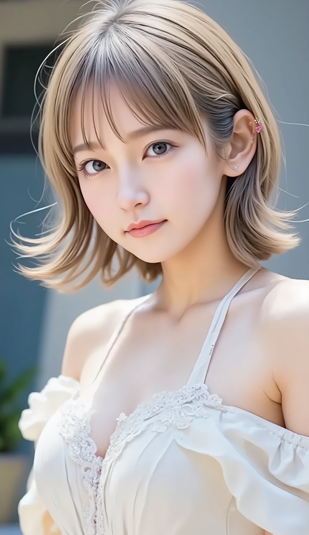 anime style、16 year old girl、Gently Curled Blonde、Gentle Eyes、Elegant smile、white skin like pottery、Flexible Standing Doll、elegant dress、 Lace Embellished 、pearl necklace、detail、masterpiece、Highest Quality、natural makeup、Light Pink Clips、long lashes、gorgeous western style mansion、Rose Garden、 Moon