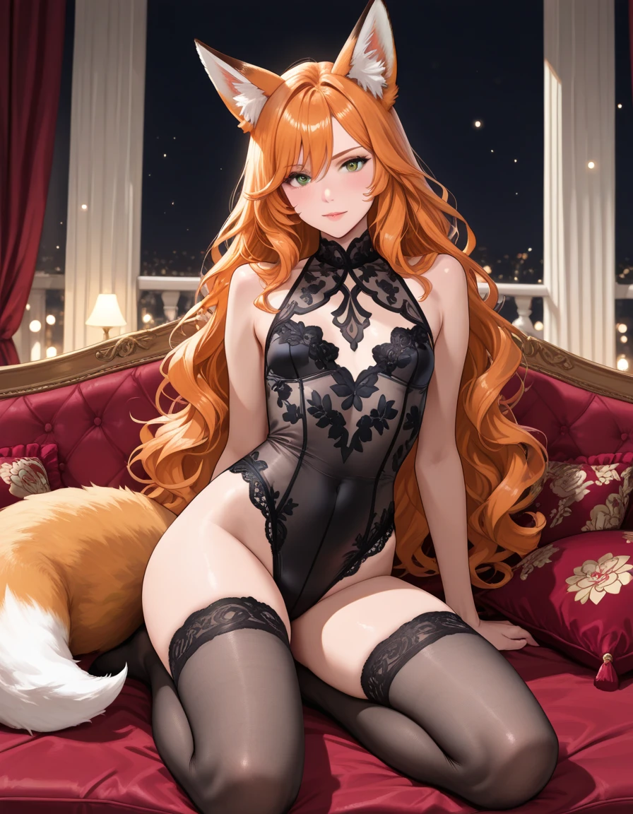 (1 girl), (best quality)++, (intricate detail)+, (masterpiece)++, (large breasts), (very long orange hair)++, (orange eyes), (fox ears), (black thighhighs)+, (field)+, (flowers)+, (distant treeline), (lying down)++, (open mouth), (happy)+++, (cameltoe)+, (nipple shape), (lacy purple bra)++, (lacy purple panties)++, (breeze)