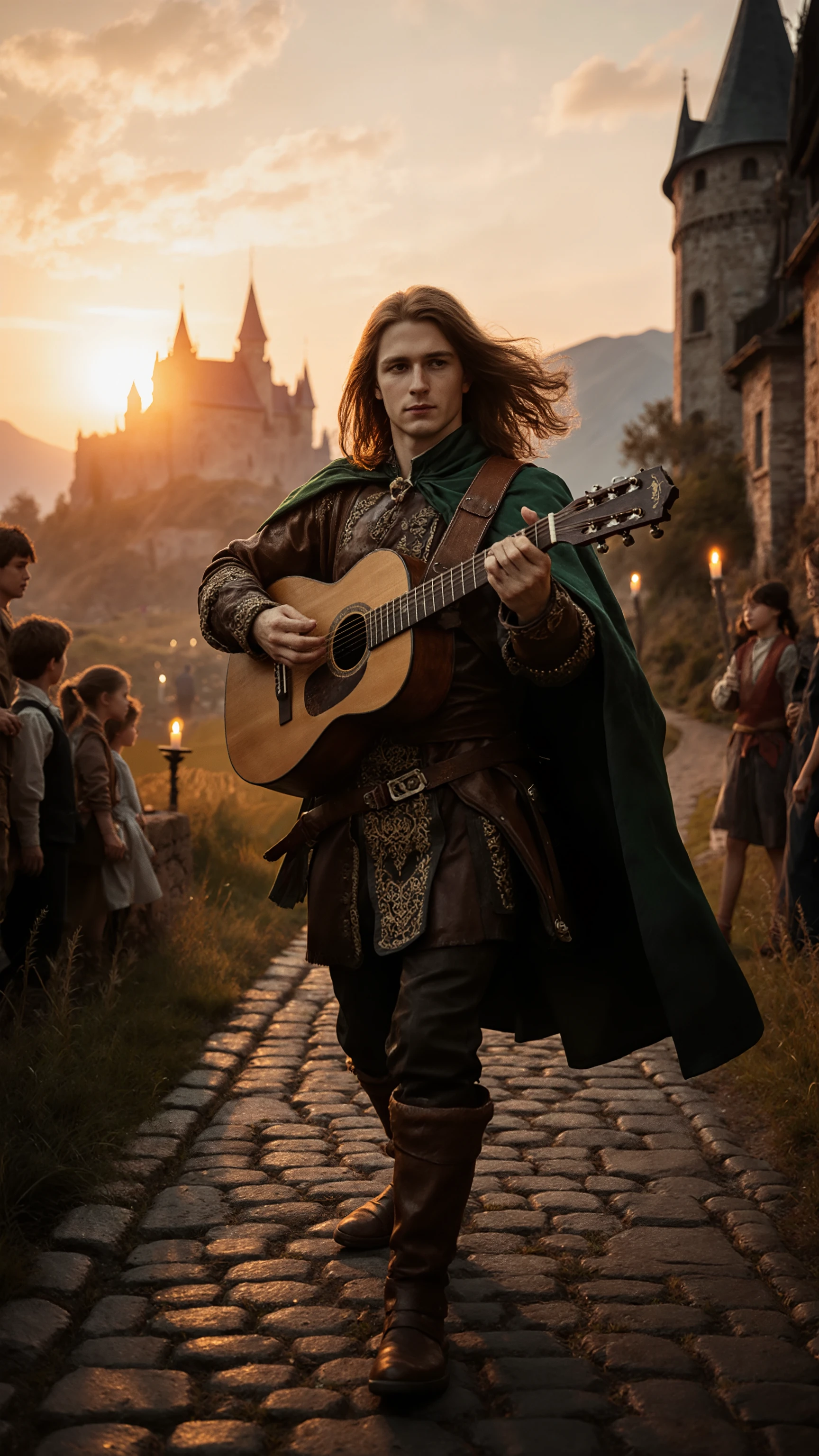 medieval European style bard、(young man、long brown hair、green traveler's cape、Minstrel hat ,Decorative leather costume、old wooden guitar on the shoulder)、graceful finger movements、(while walking:1.2) ,expression that tells a story cinematic lighting、cobblestone road、silhouette of an old castle in the distance、orange sunset in the evening、A grassland swaying in the wind、 mountains in the distance 々expression that tells a story Curious villagers around the ridgeline of the street at dusk、children are gathered、Atmosphere Surrounded by Warm Light、Candlelight、{x}、Fantastic worldview、nostalgic color、creates soft light、Narrative Composition、meticulous depiction down to the smallest detail、artistic finish cinematic lighting, high detail, professional photography, fantasy art, medieval atmosphere,vintage,dynamic angle,(portrait:1.2),dynamic motion