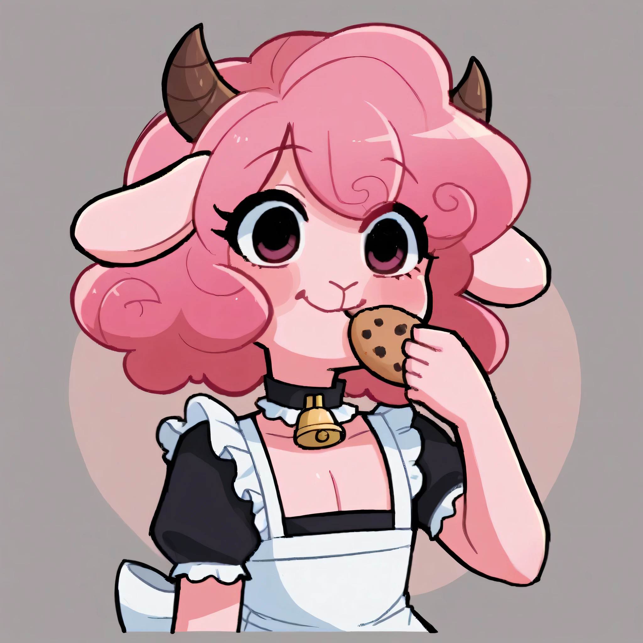 better quality, very detailed illustration ( Anthropomorphic furry sheep:1,7) , femboy, ruffled voluminous bouncy hair , delgado, ideal body, simple drawing, Artifyber style , pastel flat colors , beautiful, cartoon ,solo,baker, short curly pink hair, maid clothes, frilly apron, a smile, fluffy curly tail, sheep ears, bell collar, ram horns, eating cookie, front view
