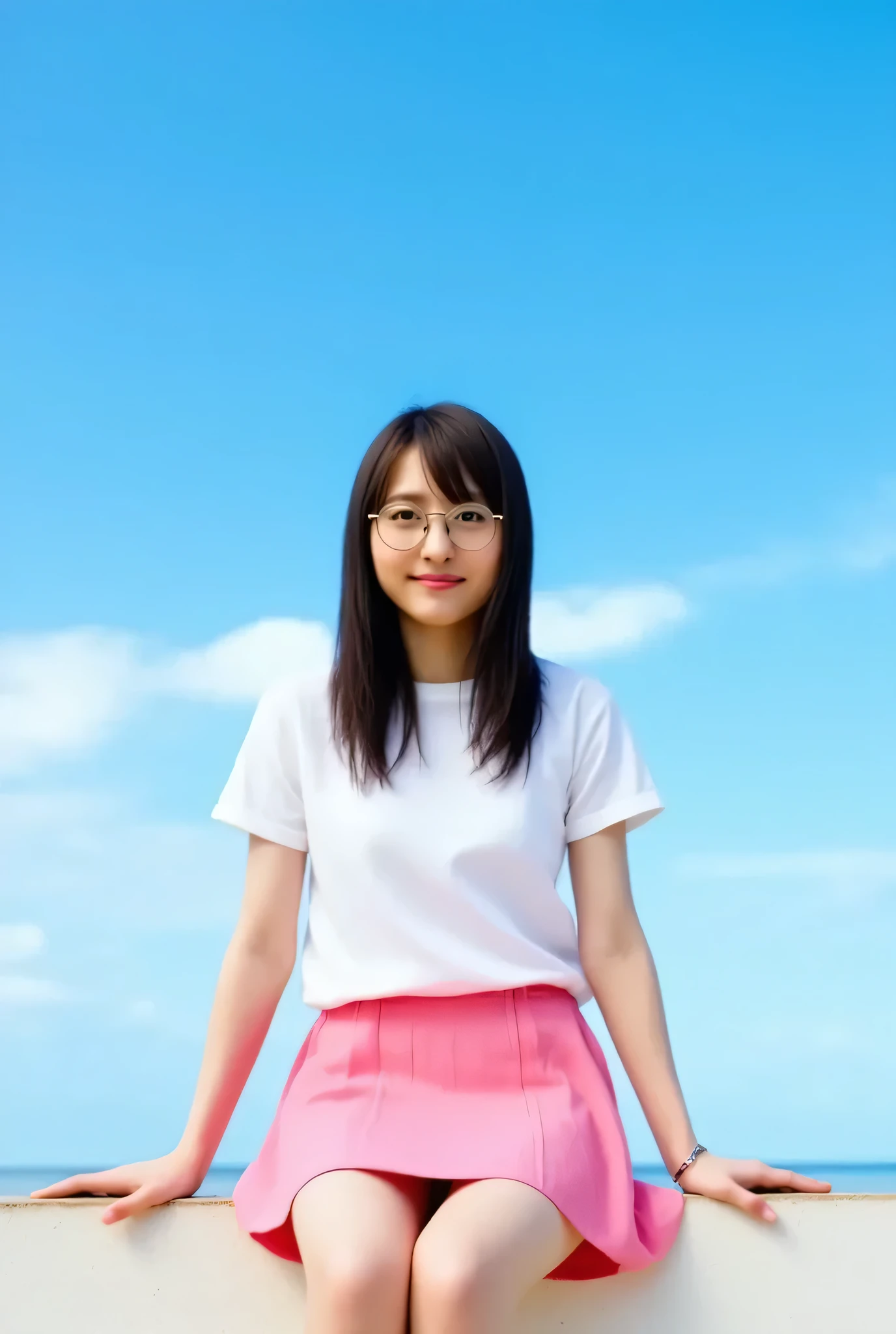 Ant eye view of A young Thai woman 20years sits on a ledge with a clear blue sky in the background, wearing a white t-shirt and a pink skirt. She has long, straight hair and round glasses, looking confidently at the camera. The vibrant sunlight highlights her outfit and the bright sky, while a few wispy clouds are visible.
---