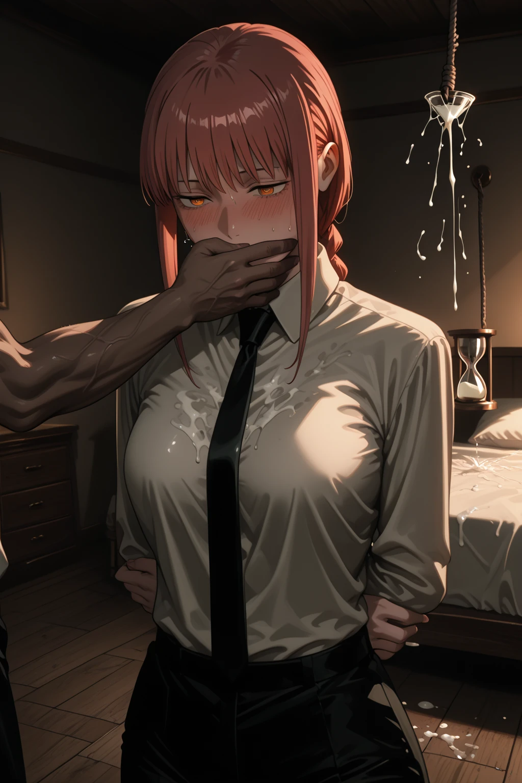 (Highest quality, High resolution), One person, futanari, (fellatio:1.8), girl, (bukkake:1.8), Large Breasts, (ahegao), Browsing Caution, Highly detailed background, makima, makimacm44, ringed yellow eyes, red long hair, bangs, white shirt, sidelocks, black pants, braided ponytail, black necktie, Red Hair, To the camera, Sitting, Bend your waist forward, To the camera足を向ける,(Self:1.8), (Obedient:1.1), Roll up your skirt, (Big penis:1.3), Testis, futanari, (Makima:1.2), Detailed skin texture, (close:1.2), Two eagles,